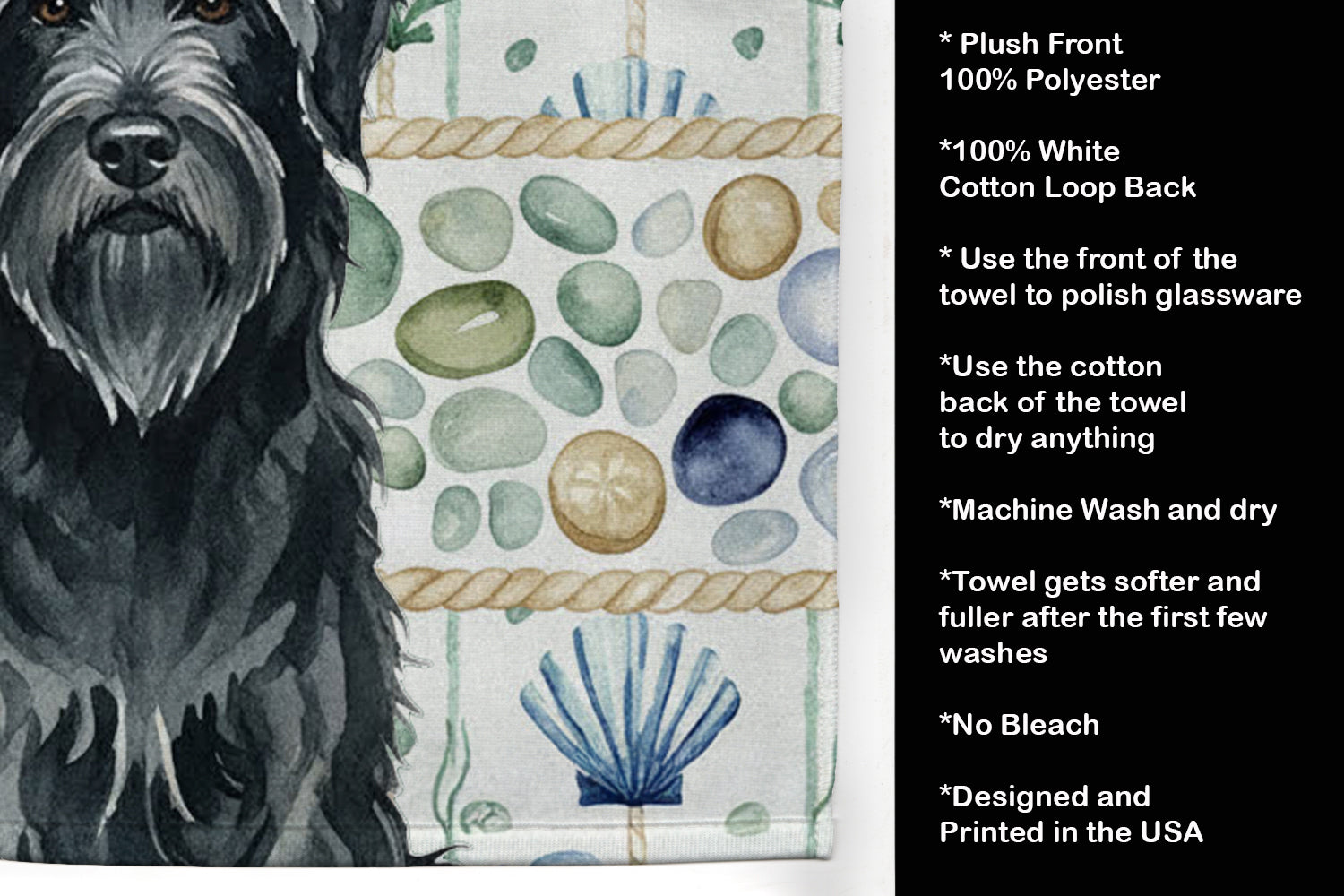 Black Briard Coastal Sea Glass Kitchen Towel Velour Plush Front and Cotton Loop Back Machine Washable