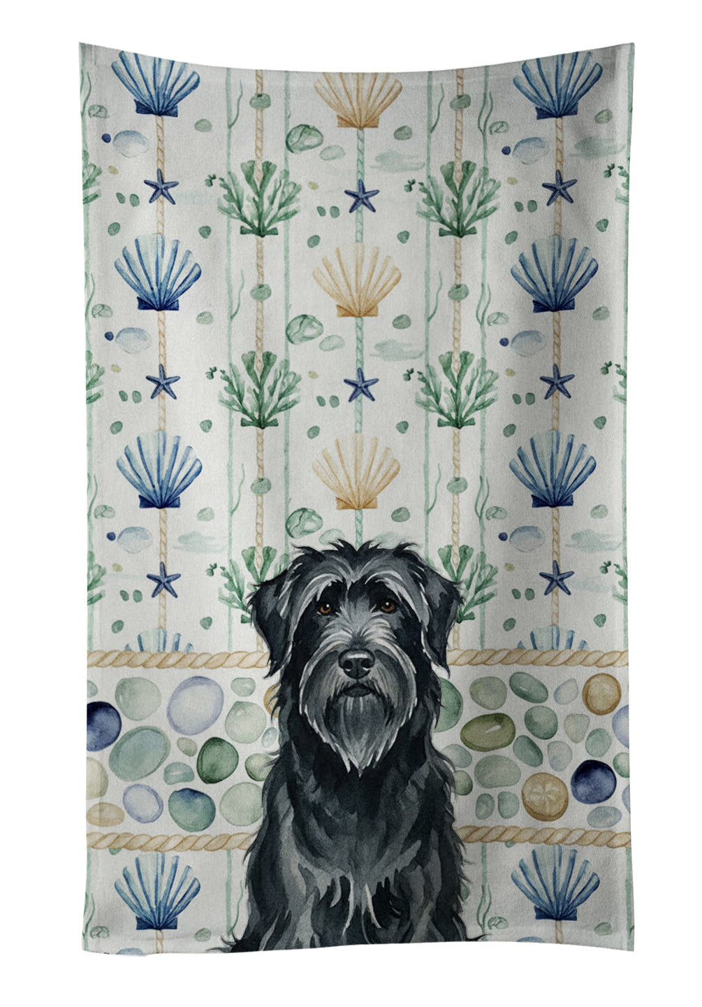 Black Briard Coastal Sea Glass Kitchen Towel Velour Plush Front and Cotton Loop Back Machine Washable