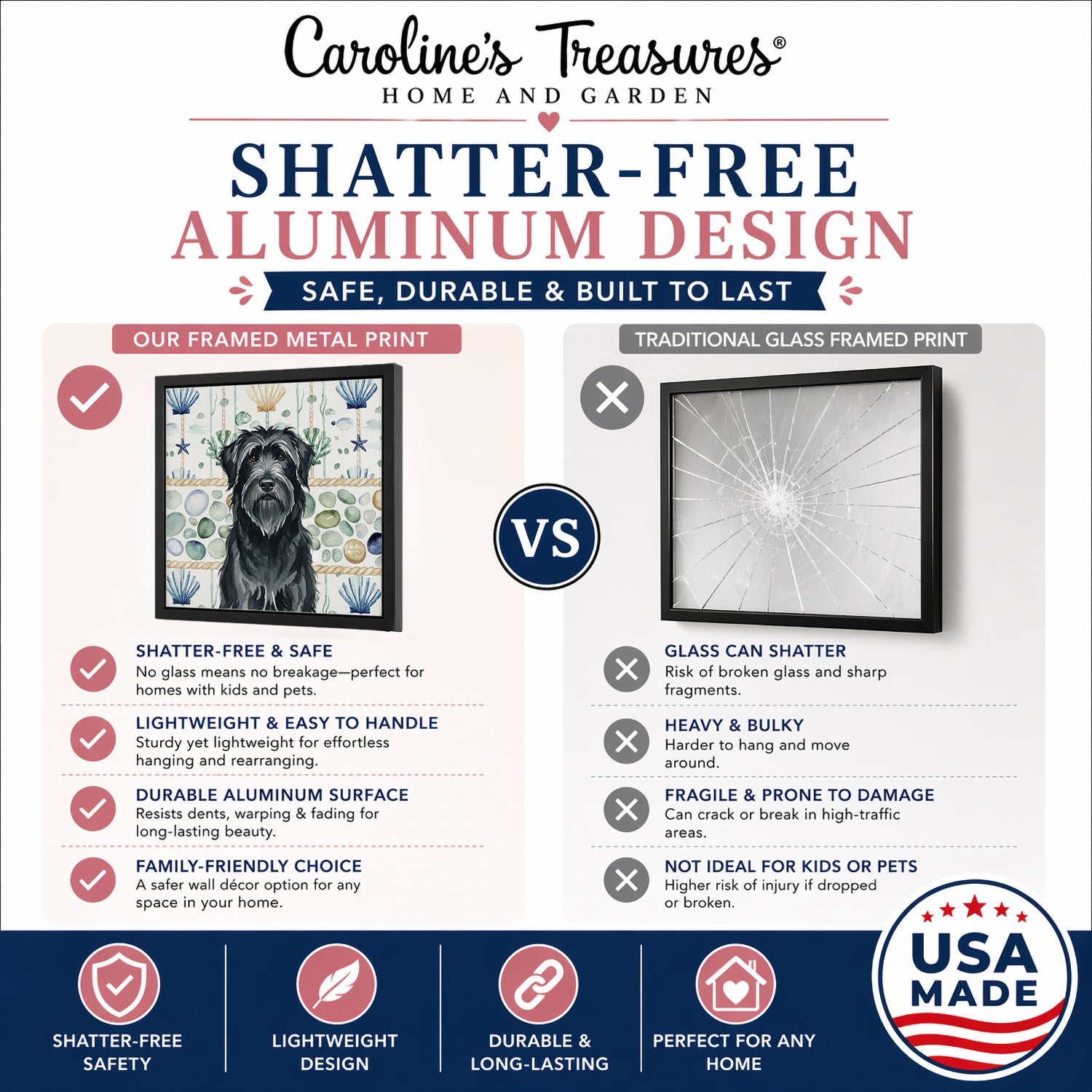 Black Briard Coastal Sea Glass Framed Metal Print Bathroom, Kitchen, Office, Home Decor Wall Art Ready to Hang, Square, 8X8