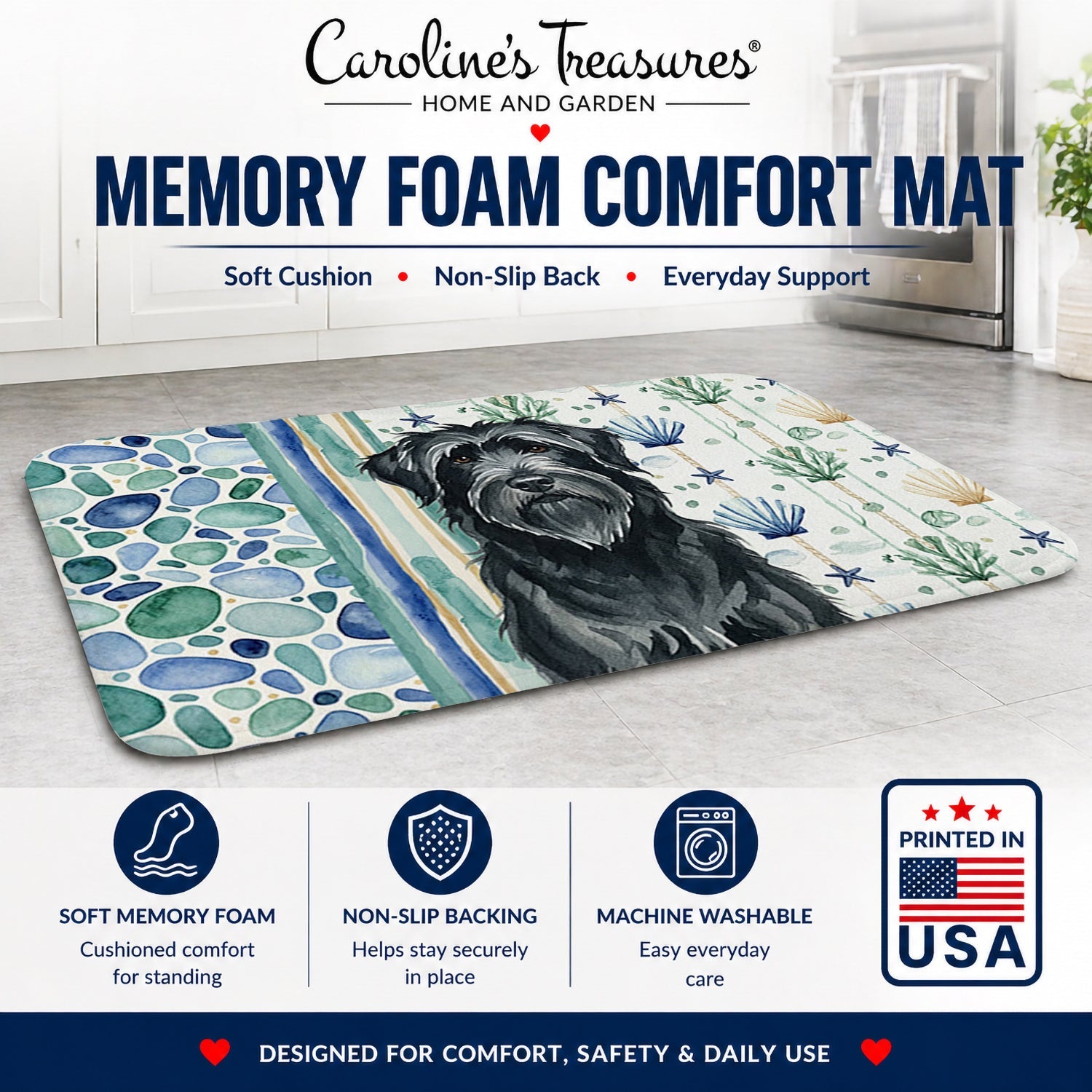Black Briard Coastal Sea Glass Memory Foam Kitchen Mat Machine Washable Anti-Fatigue Cushion Comfort Bath or Kitchen Rug