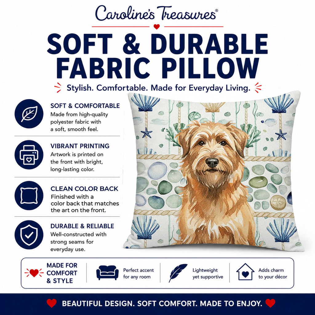 Tawny Briard Coastal Sea Glass Decorative Throw Pillow 14x14 Indoor Outdoor Accent Cushion, Fabric Cover with Insert for Sofa, Bed, Porch & Living Room