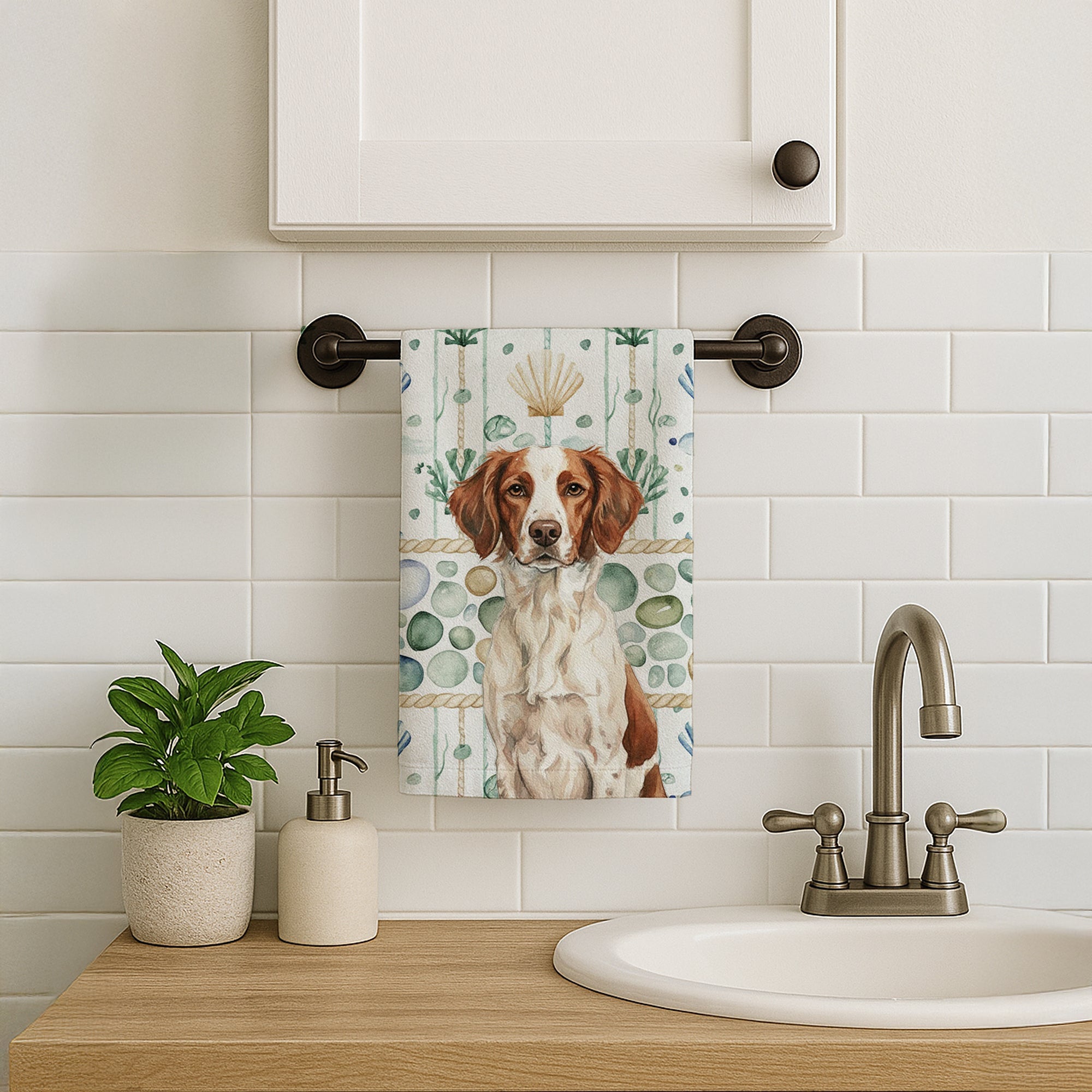 Liver and White Brittany Coastal Sea Glass Kitchen Towel Velour Plush Front and Cotton Loop Back Machine Washable