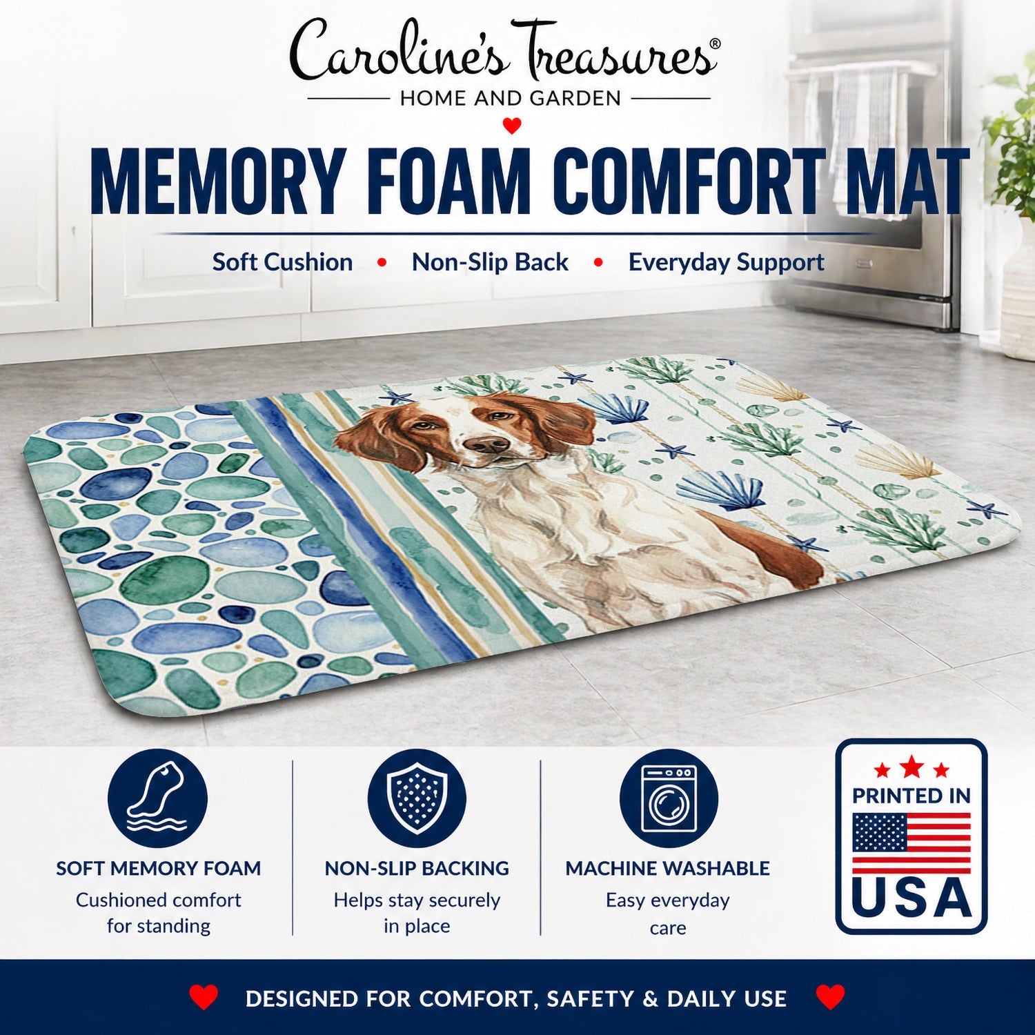 Liver and White Brittany Coastal Sea Glass Memory Foam Kitchen Mat Machine Washable Anti-Fatigue Cushion Comfort Bath or Kitchen Rug