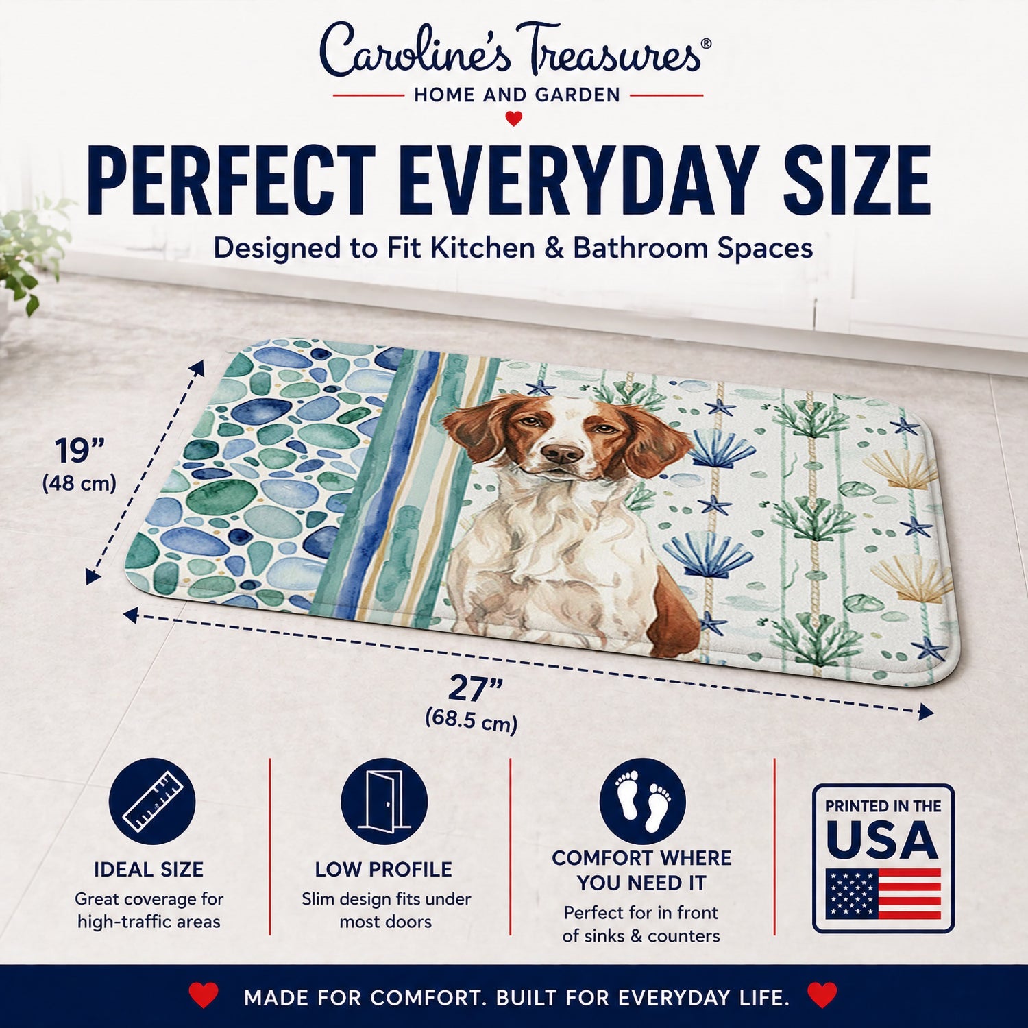 Liver and White Brittany Coastal Sea Glass Memory Foam Kitchen Mat Machine Washable Anti-Fatigue Cushion Comfort Bath or Kitchen Rug