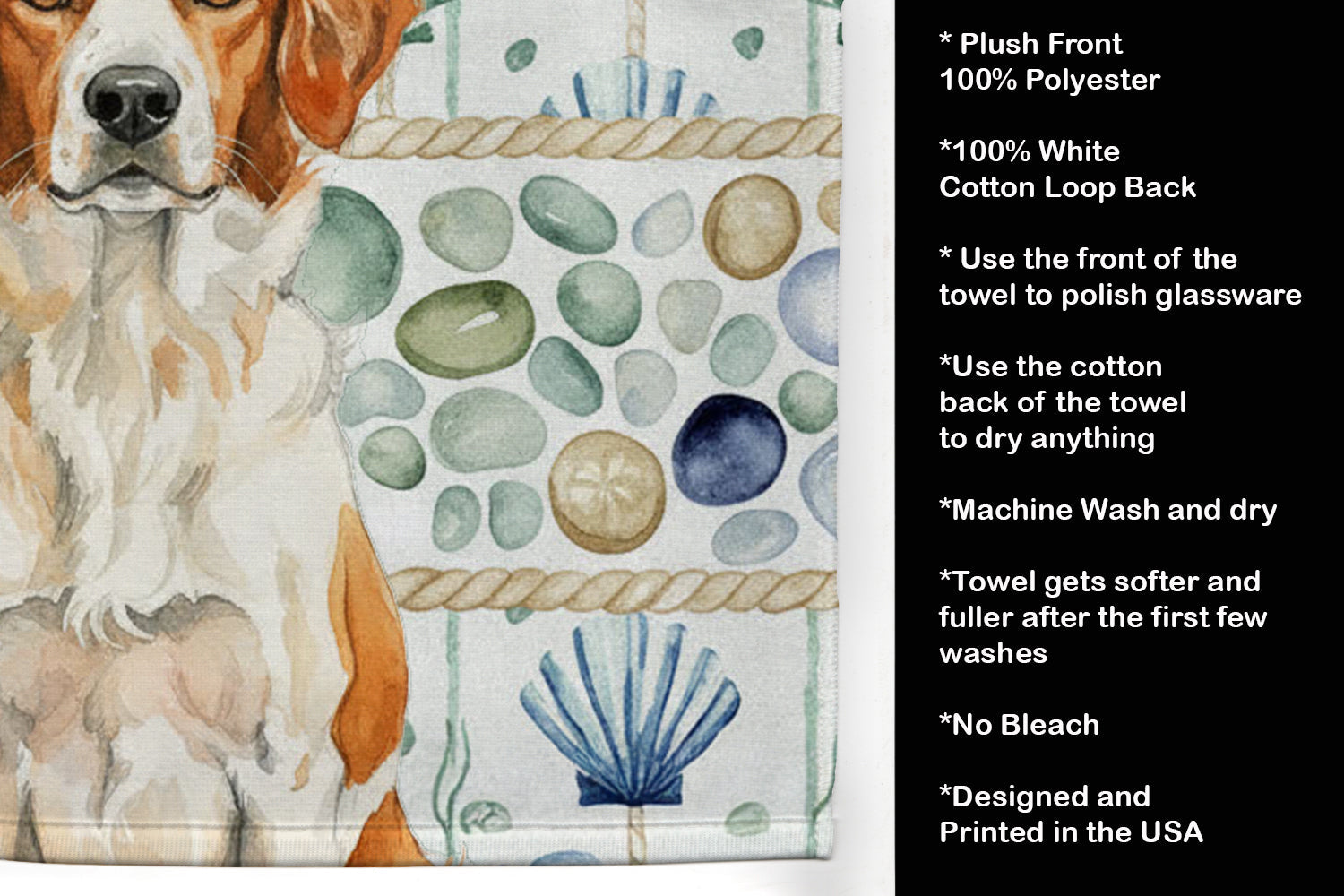 Orange and White Brittany Coastal Sea Glass Kitchen Towel Velour Plush Front and Cotton Loop Back Machine Washable