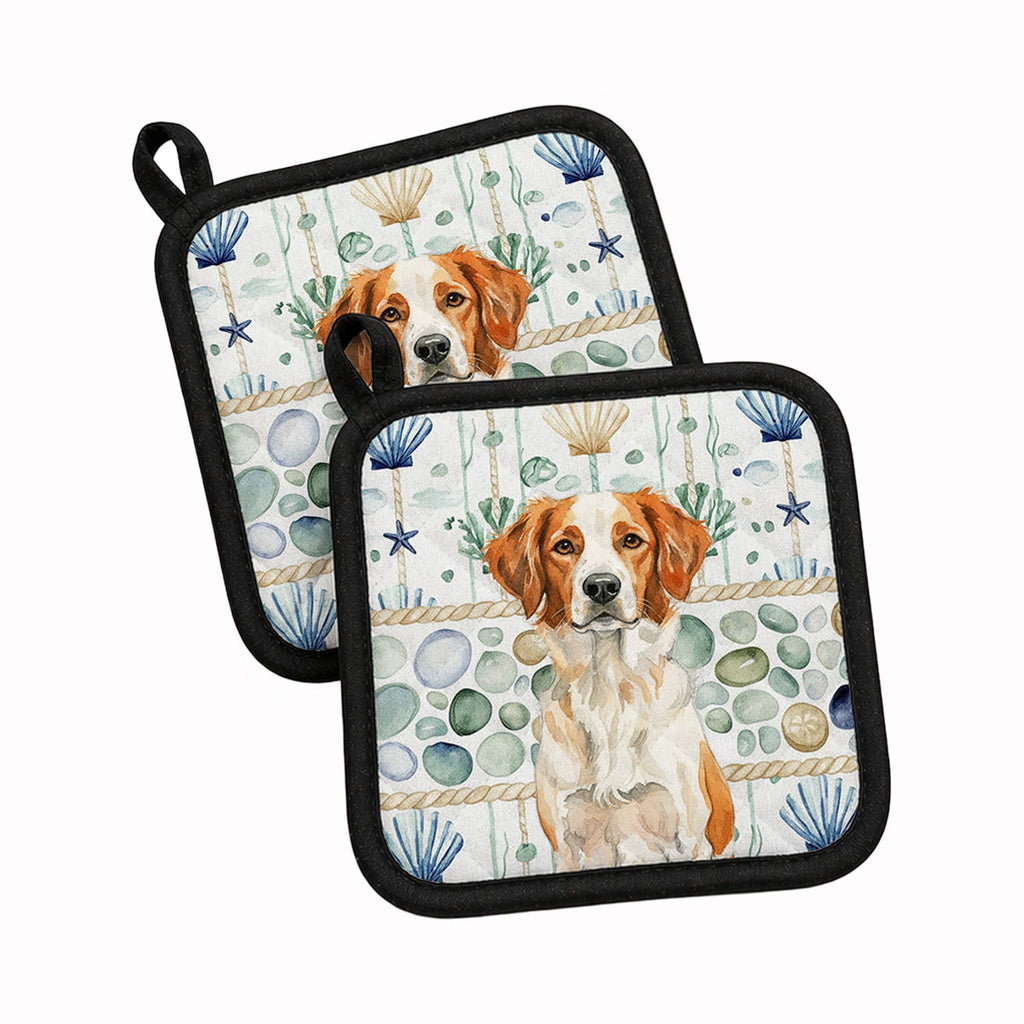 Orange and White Brittany Coastal Sea Glass Pot Holder Set of 2 Heat Resistant Quilted Hot Pads 7.5 x 7.5 Inch, Insulated Kitchen Trivets for Cooking & Baking