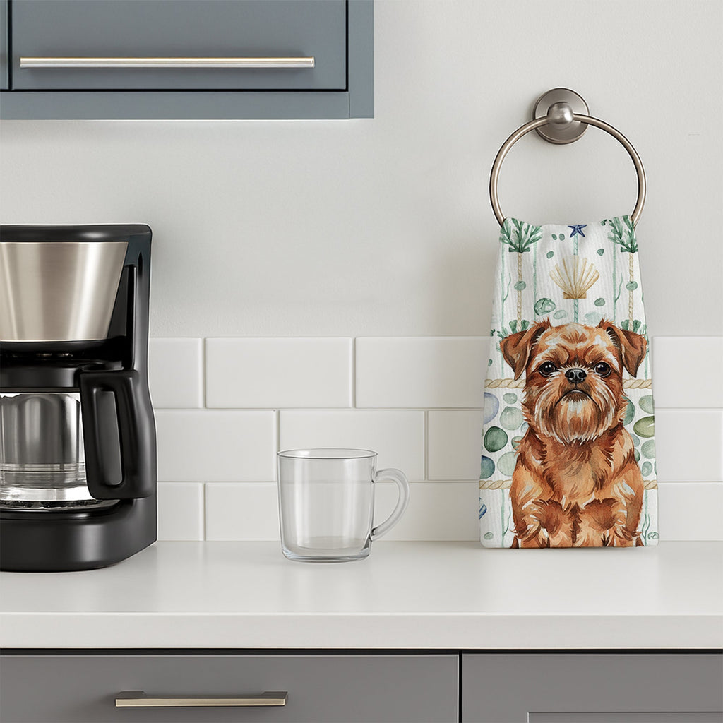 Red Brussels Griffon Coastal Sea Glass Kitchen Towel Velour Plush Front and Cotton Loop Back Machine Washable