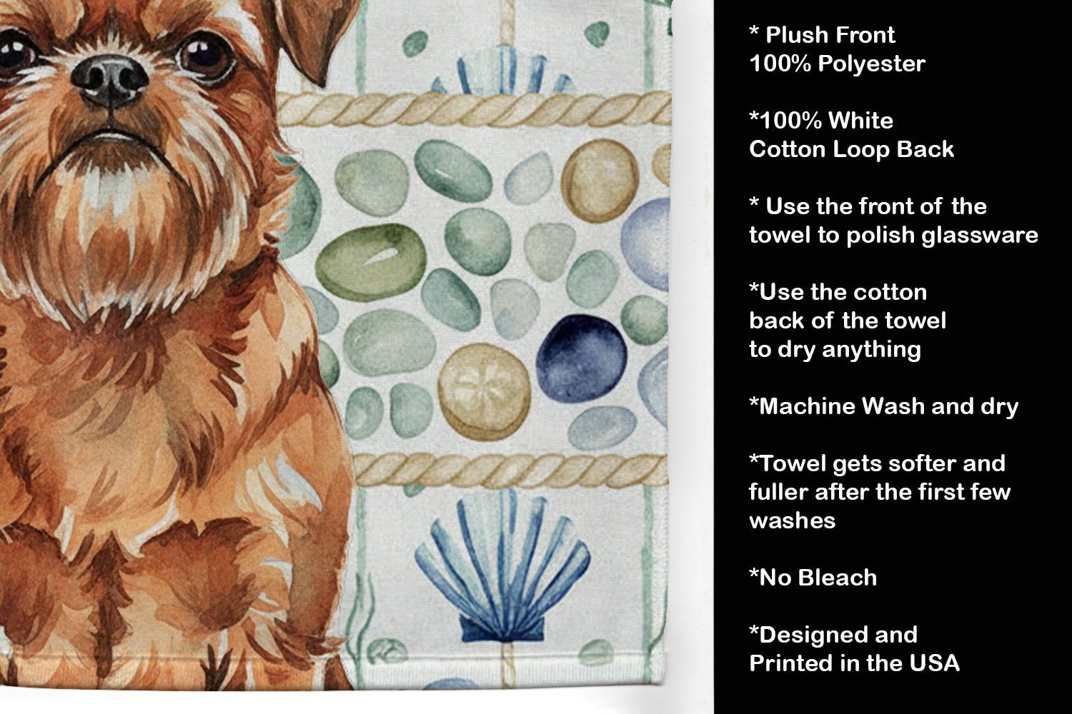 Red Brussels Griffon Coastal Sea Glass Kitchen Towel Velour Plush Front and Cotton Loop Back Machine Washable