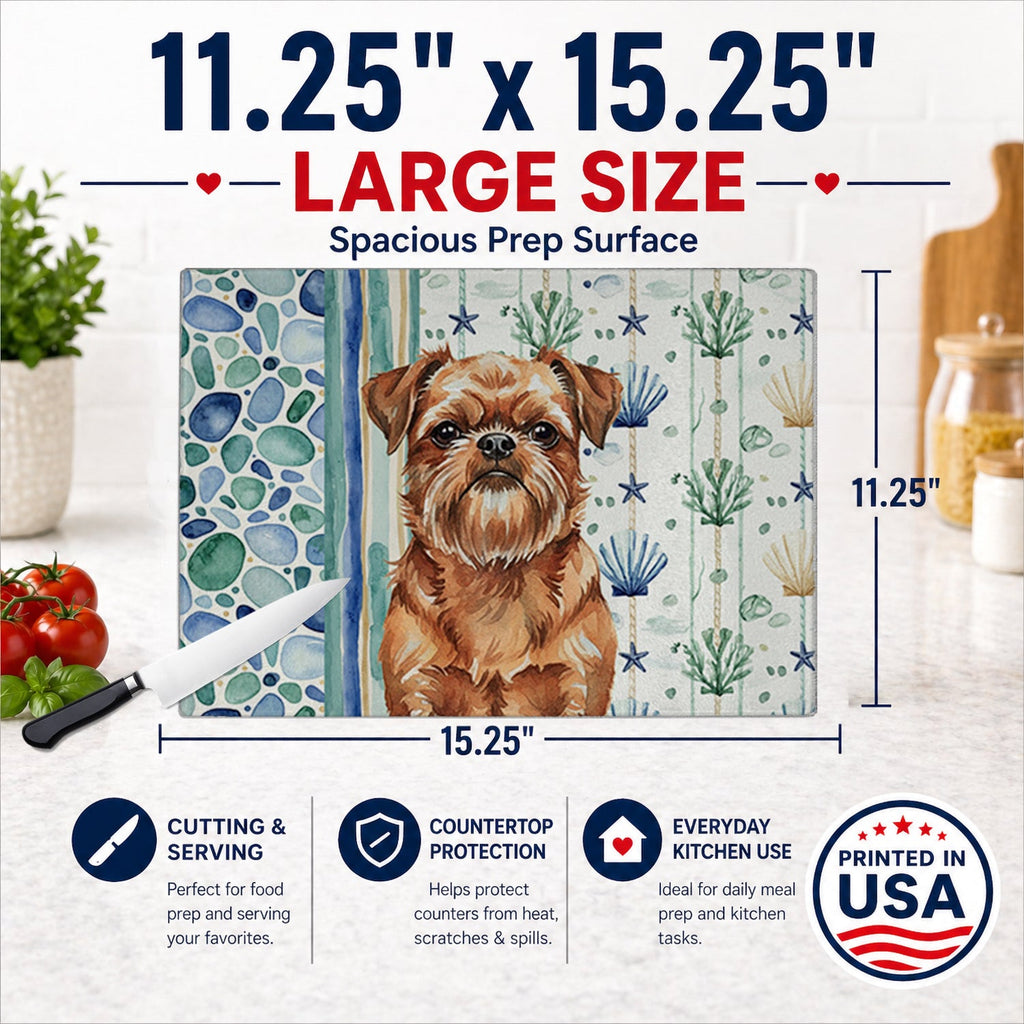 Red Brussels Griffon Coastal Sea Glass Cutting Board Tempered Glass Kitchen Cutting Surface, Heat Resistant Chopping, Non-Slip Feet, Food Prep & Serving