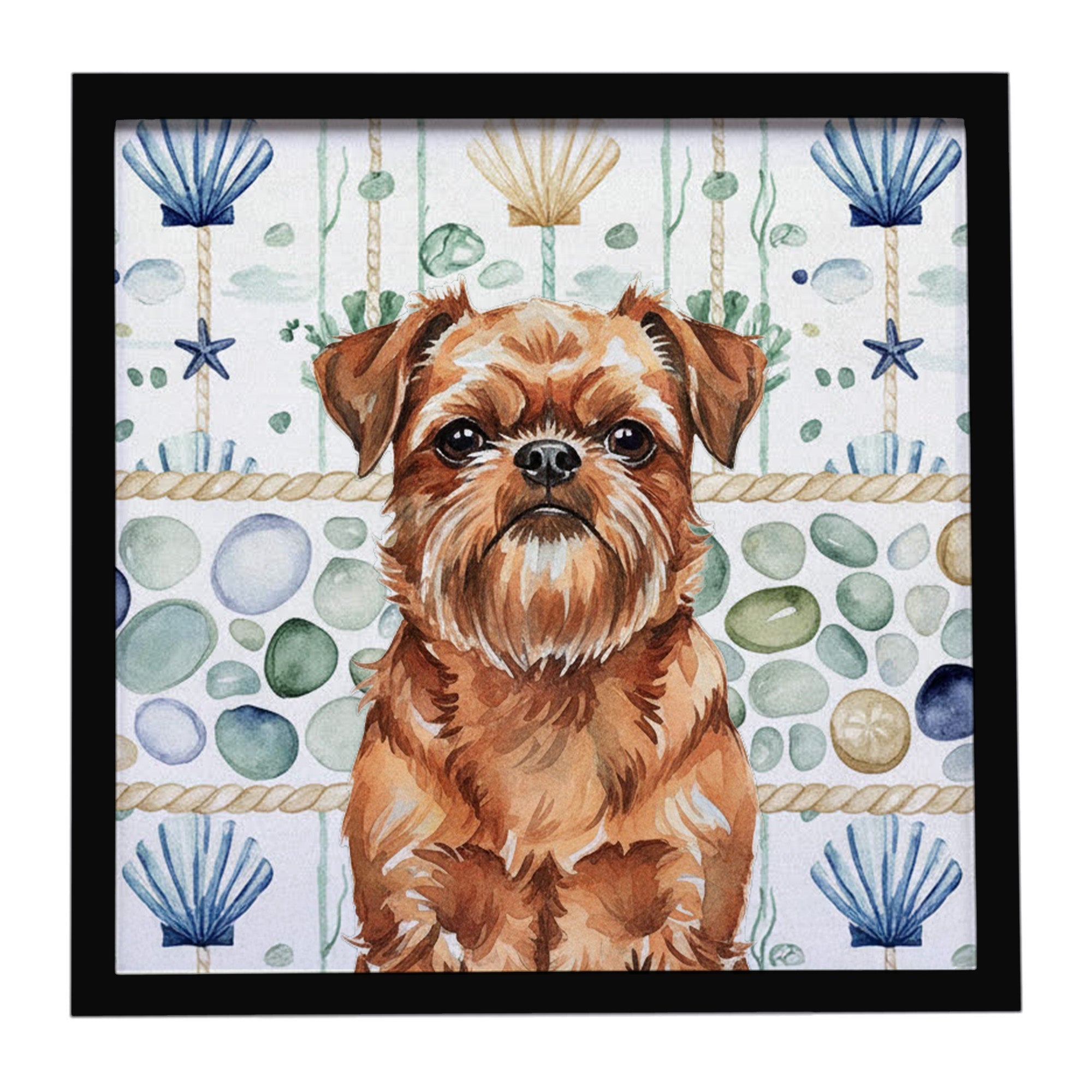 Red Brussels Griffon Coastal Sea Glass Framed Metal Print Bathroom, Kitchen, Office, Home Decor Wall Art Ready to Hang, Square, 8X8