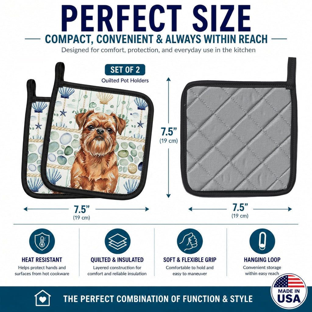 Red Brussels Griffon Coastal Sea Glass Pot Holder Set of 2 Heat Resistant Quilted Hot Pads 7.5 x 7.5 Inch, Insulated Kitchen Trivets for Cooking & Baking