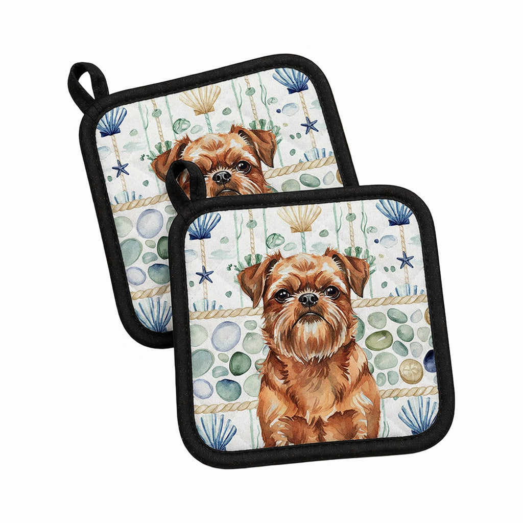 Red Brussels Griffon Coastal Sea Glass Pot Holder Set of 2 Heat Resistant Quilted Hot Pads 7.5 x 7.5 Inch, Insulated Kitchen Trivets for Cooking & Baking