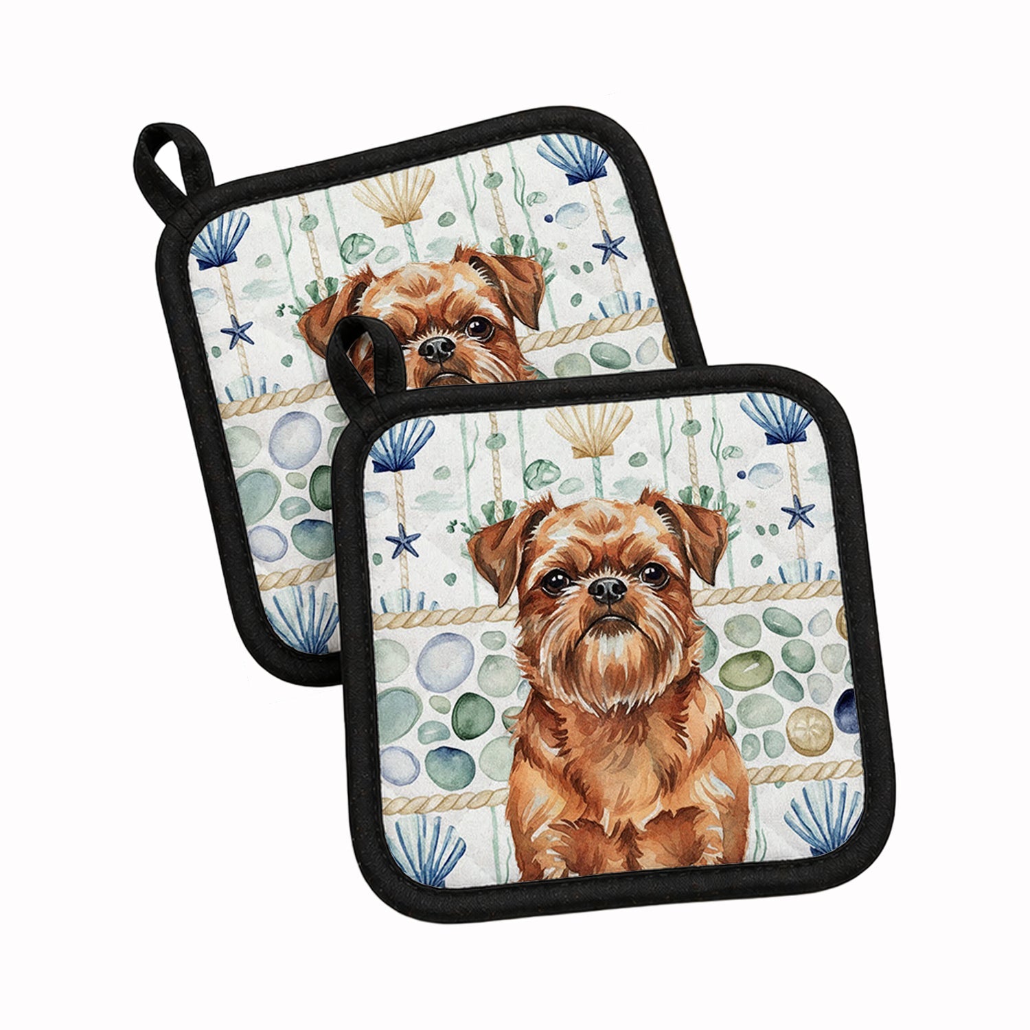 Red Brussels Griffon Coastal Sea Glass Pot Holder Set of 2 Heat Resistant Quilted Hot Pads 7.5 x 7.5 Inch, Insulated Kitchen Trivets for Cooking & Baking