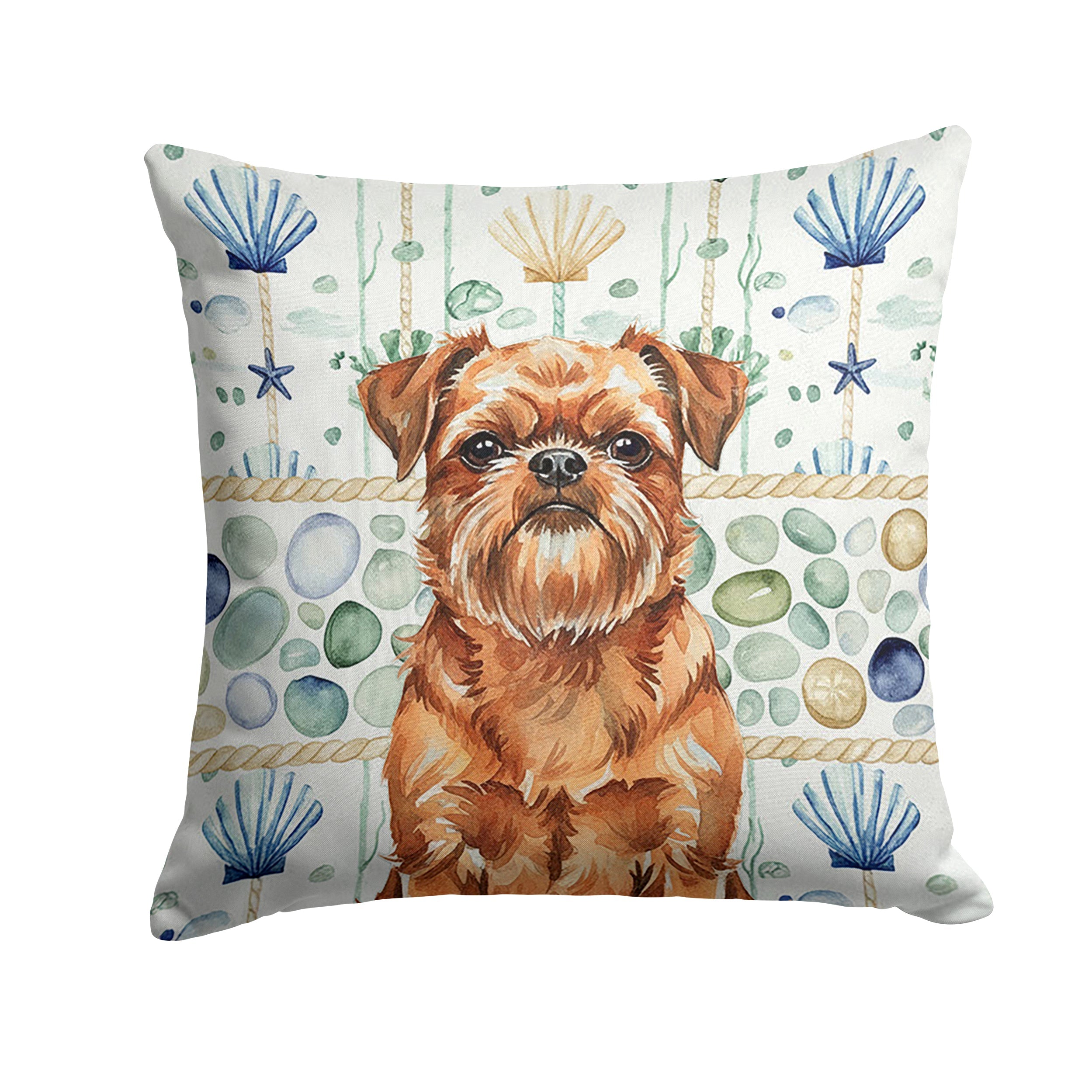 Red Brussels Griffon Coastal Sea Glass Decorative Throw Pillow 18x18 Indoor Outdoor Accent Cushion, Fabric Cover with Insert for Sofa, Bed, Porch & Living Room