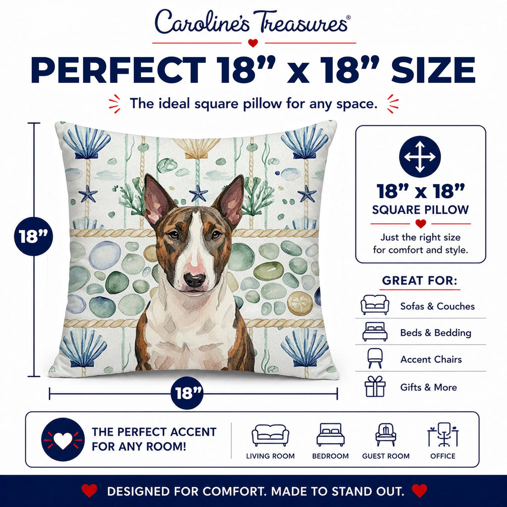 Brindle and White Bull Terrier Coastal Sea Glass Decorative Throw Pillow 18x18 Indoor Outdoor Accent Cushion, Fabric Cover with Insert for Sofa, Bed, Porch & Living Room