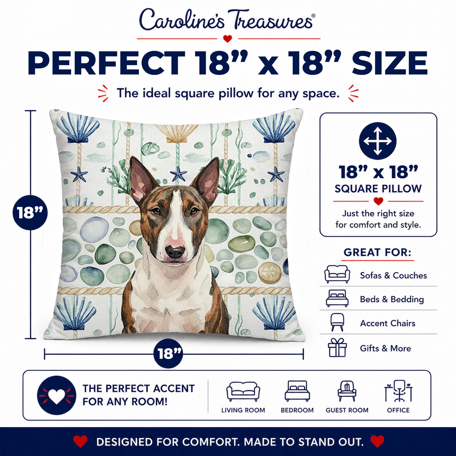 Brindle and White Bull Terrier Coastal Sea Glass Decorative Throw Pillow 18x18 Indoor Outdoor Accent Cushion, Fabric Cover with Insert for Sofa, Bed, Porch & Living Room