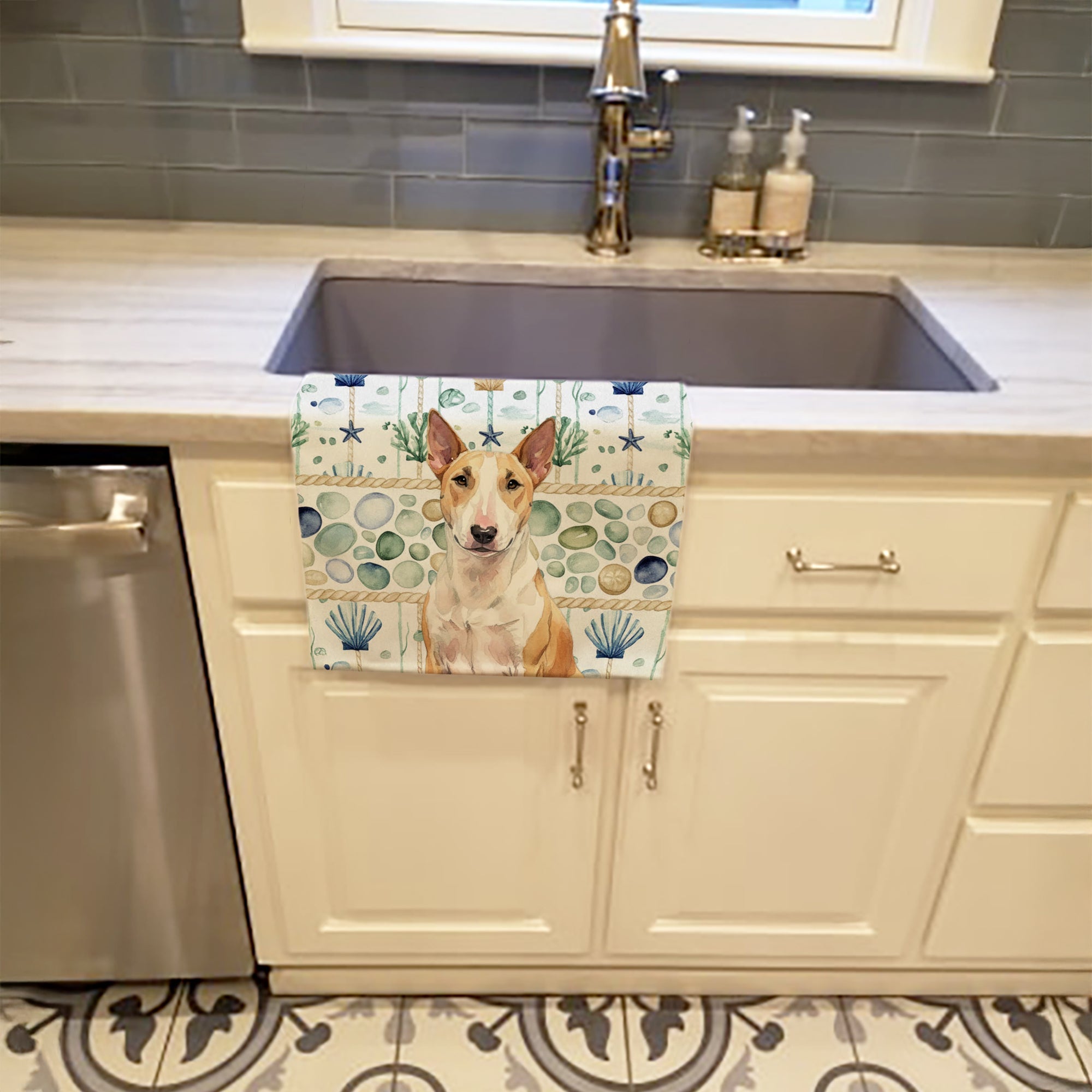 Fawn and White Bull Terrier Coastal Sea Glass Kitchen Towel Velour Plush Front and Cotton Loop Back Machine Washable