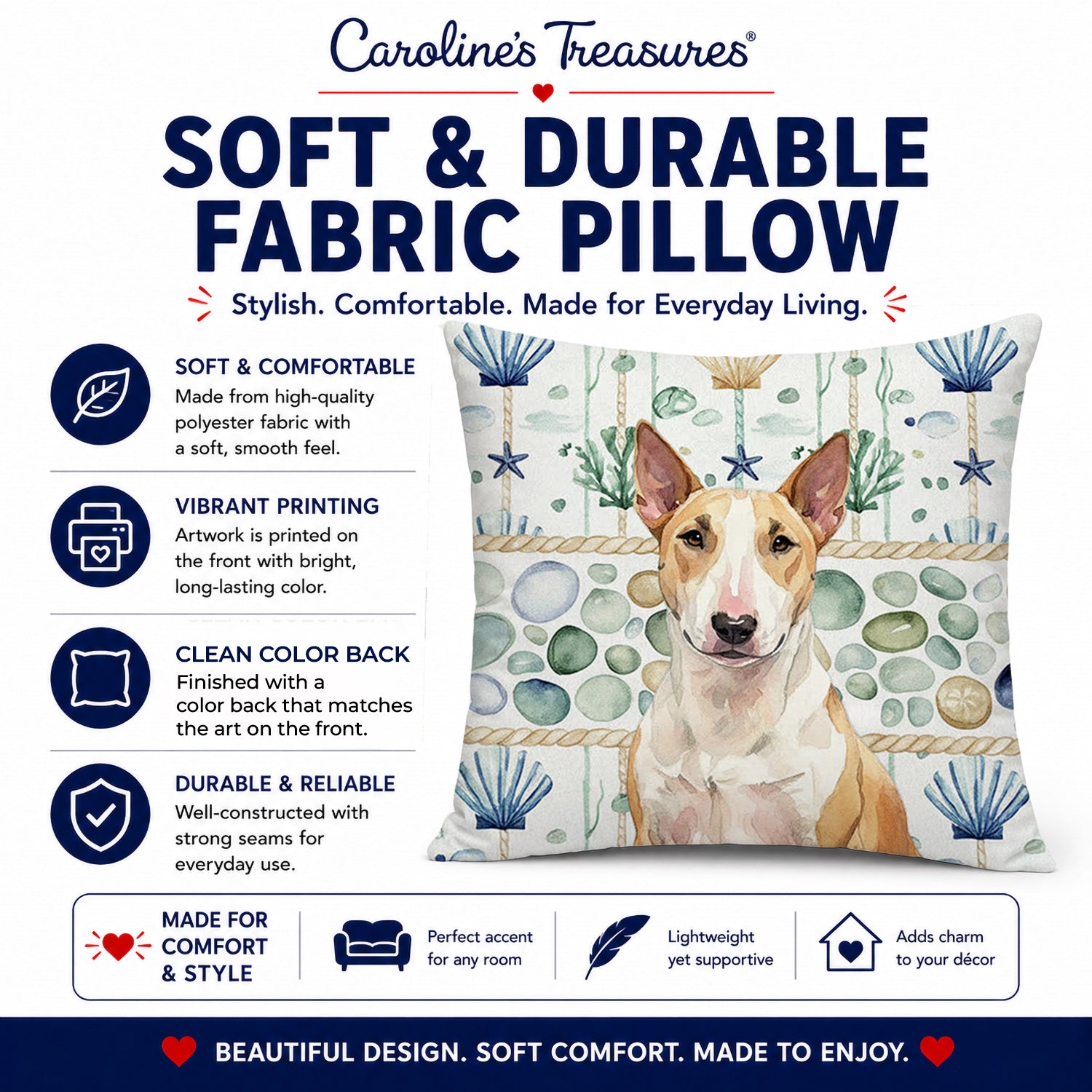 Fawn and White Bull Terrier Coastal Sea Glass Decorative Throw Pillow 14x14 Indoor Outdoor Accent Cushion, Fabric Cover with Insert for Sofa, Bed, Porch & Living Room