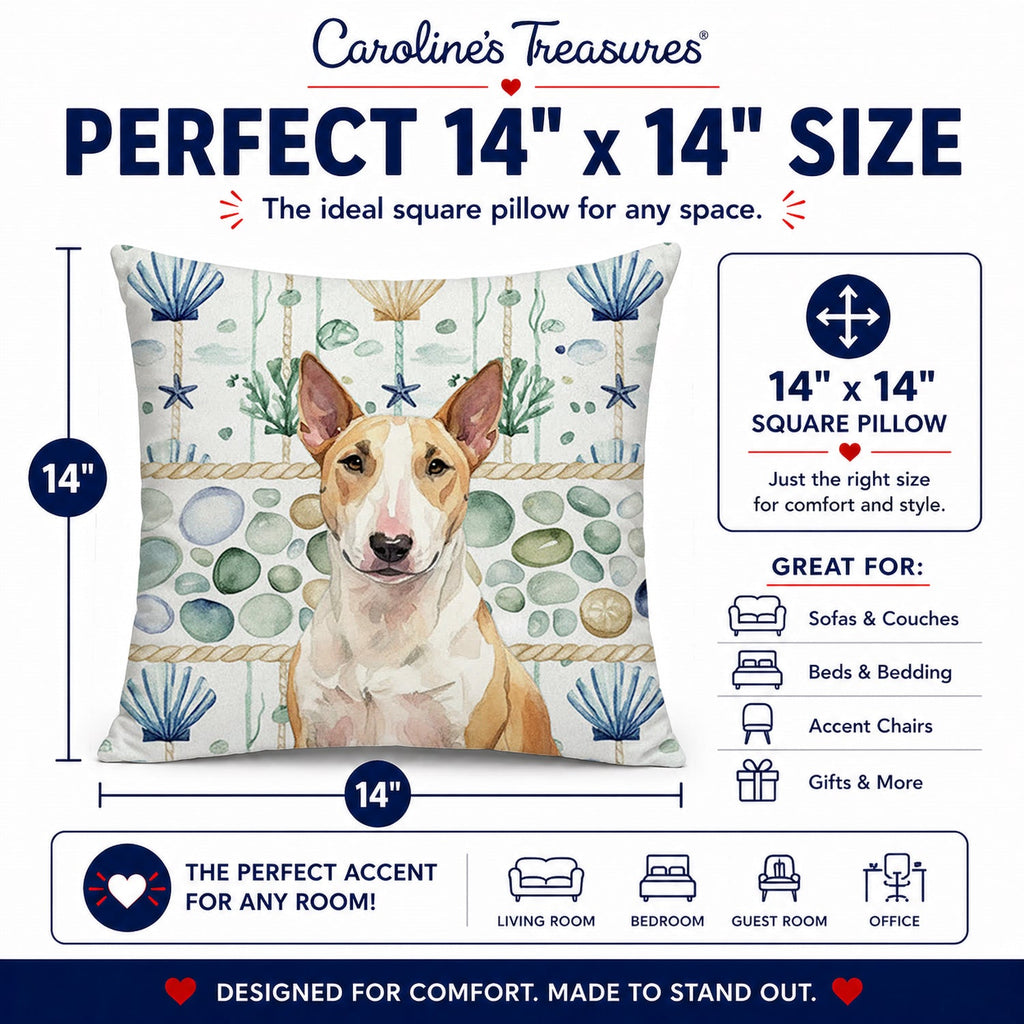 Fawn and White Bull Terrier Coastal Sea Glass Decorative Throw Pillow 14x14 Indoor Outdoor Accent Cushion, Fabric Cover with Insert for Sofa, Bed, Porch & Living Room