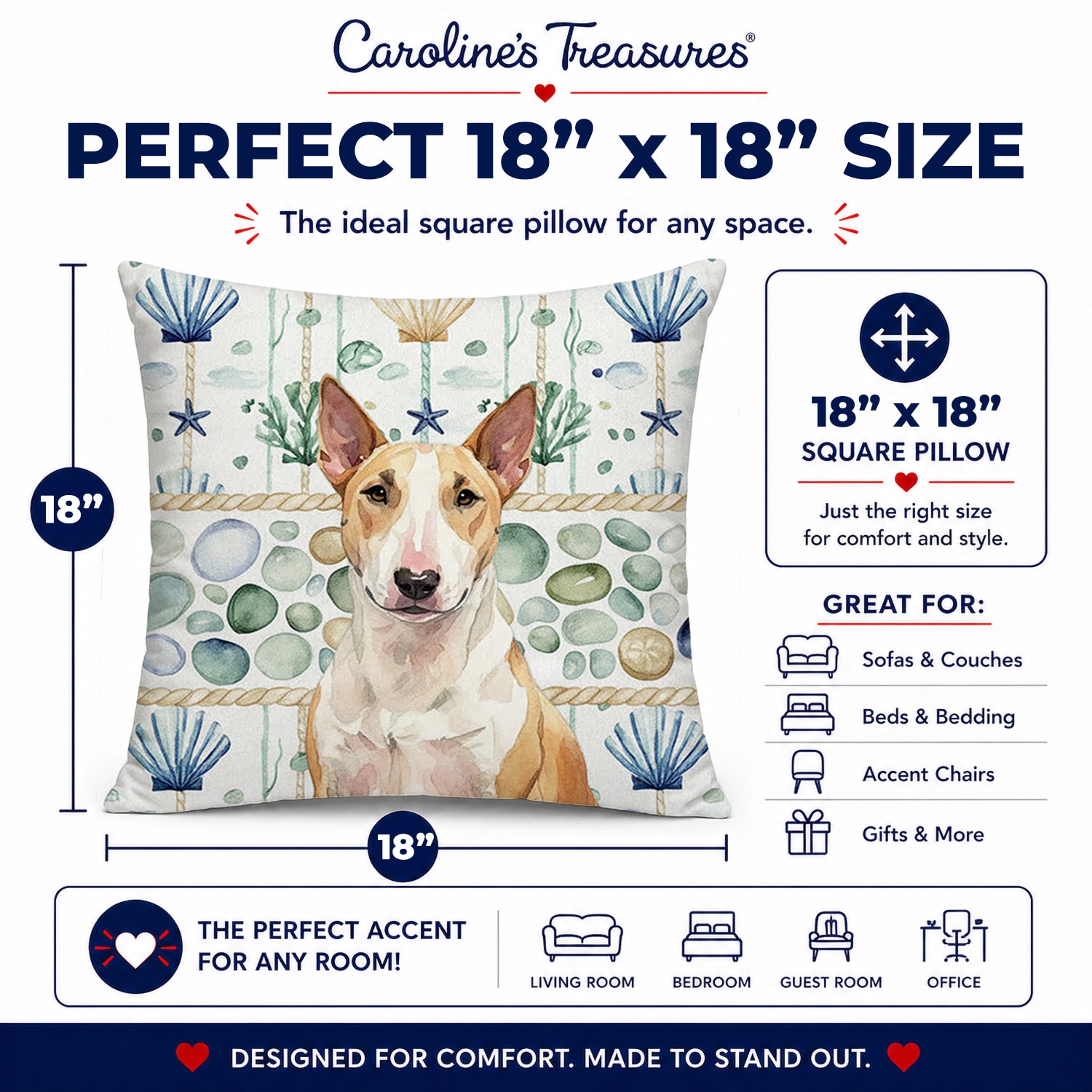 Fawn and White Bull Terrier Coastal Sea Glass Decorative Throw Pillow 18x18 Indoor Outdoor Accent Cushion, Fabric Cover with Insert for Sofa, Bed, Porch & Living Room