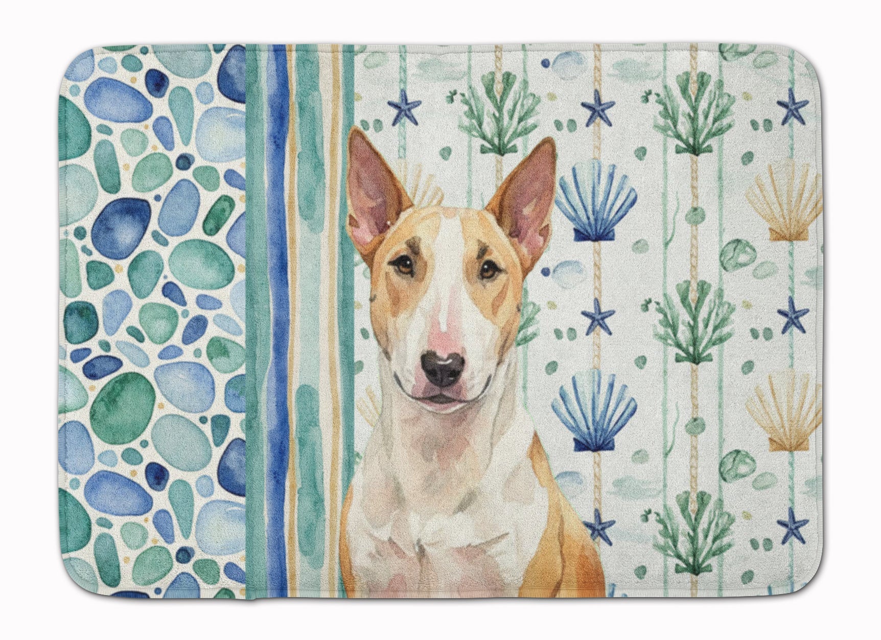 Fawn and White Bull Terrier Coastal Sea Glass Memory Foam Kitchen Mat Machine Washable Anti-Fatigue Cushion Comfort Bath or Kitchen Rug