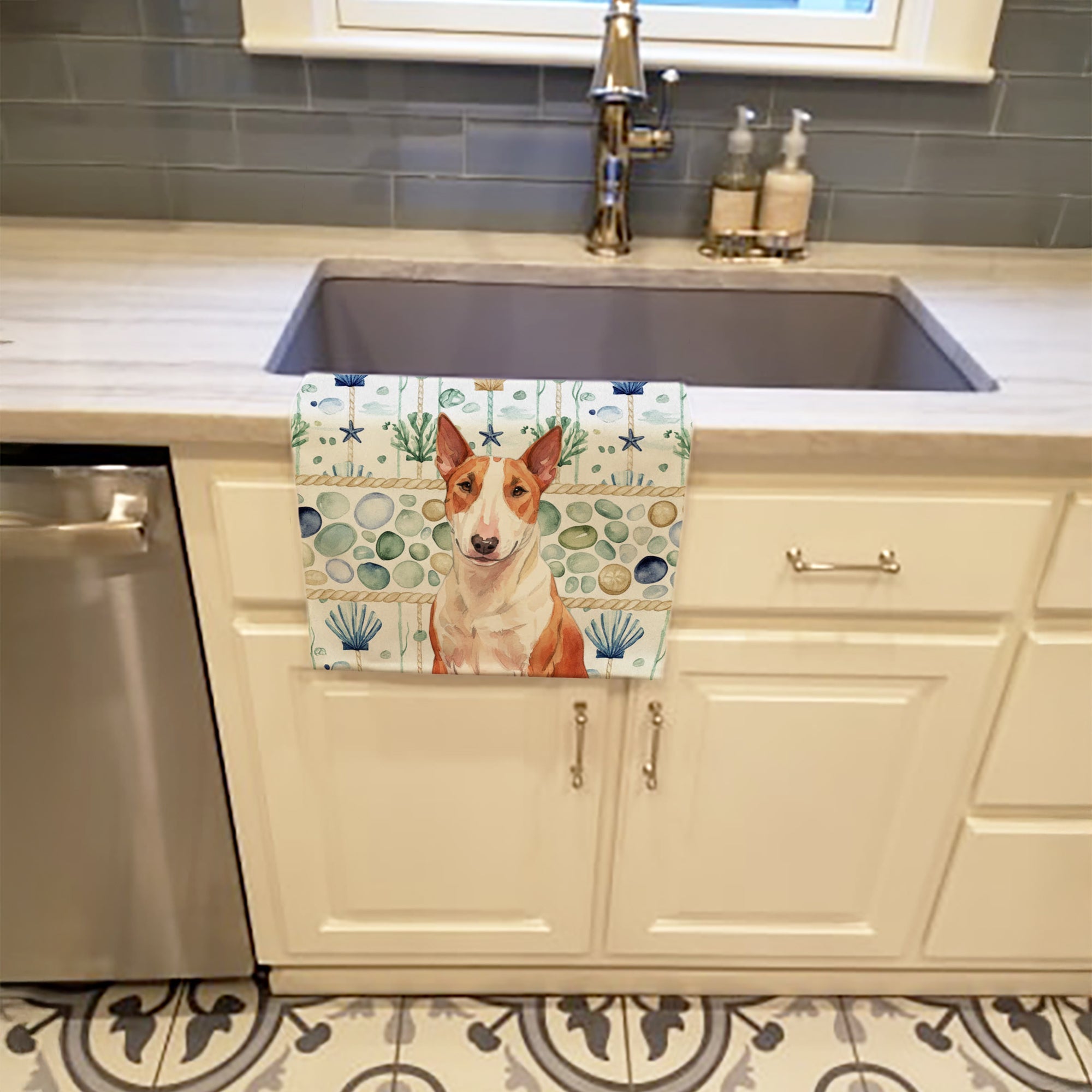 Red and White Bull Terrier Coastal Sea Glass Kitchen Towel Velour Plush Front and Cotton Loop Back Machine Washable