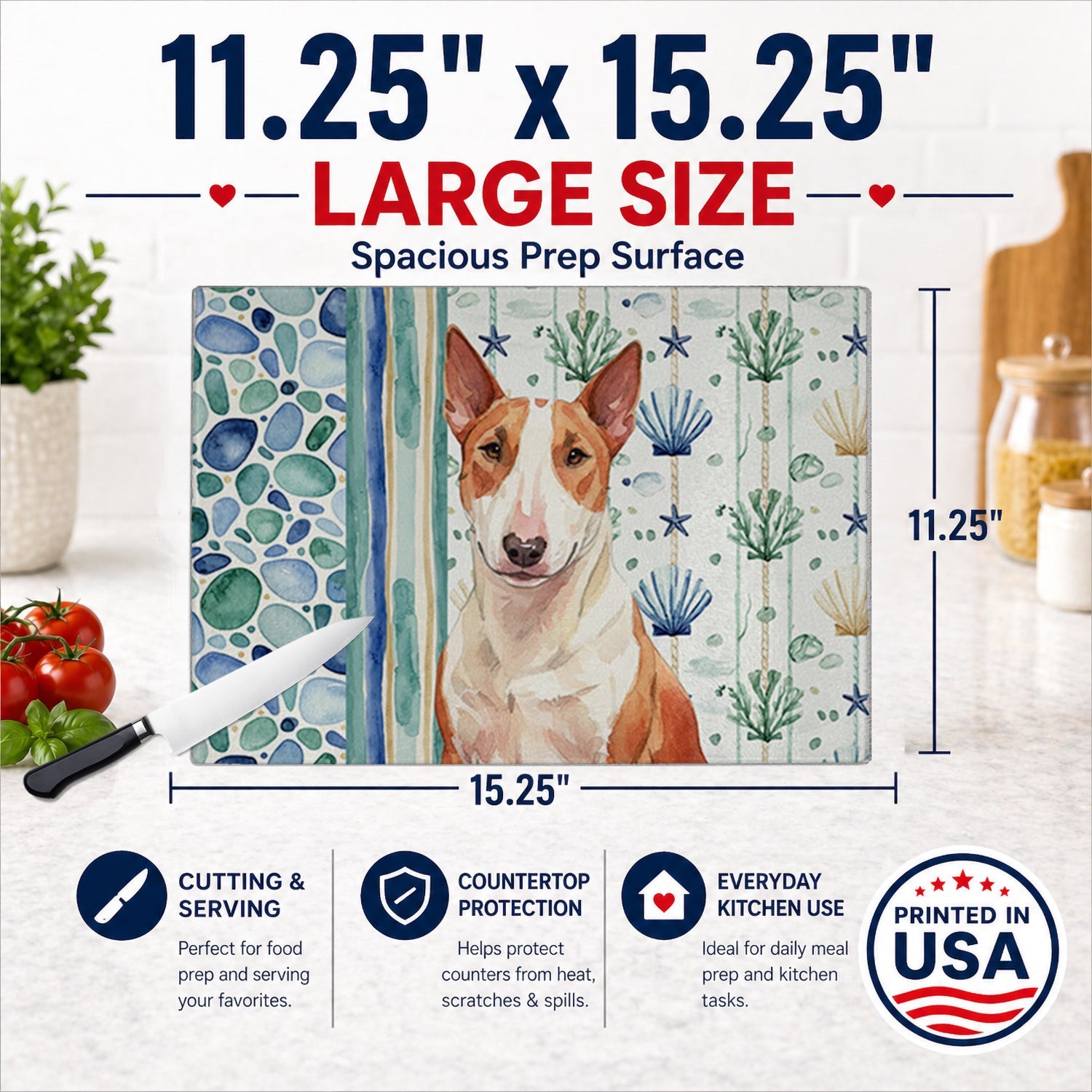 Red and White Bull Terrier Coastal Sea Glass Cutting Board Tempered Glass Kitchen Cutting Surface, Heat Resistant Chopping, Non-Slip Feet, Food Prep & Serving