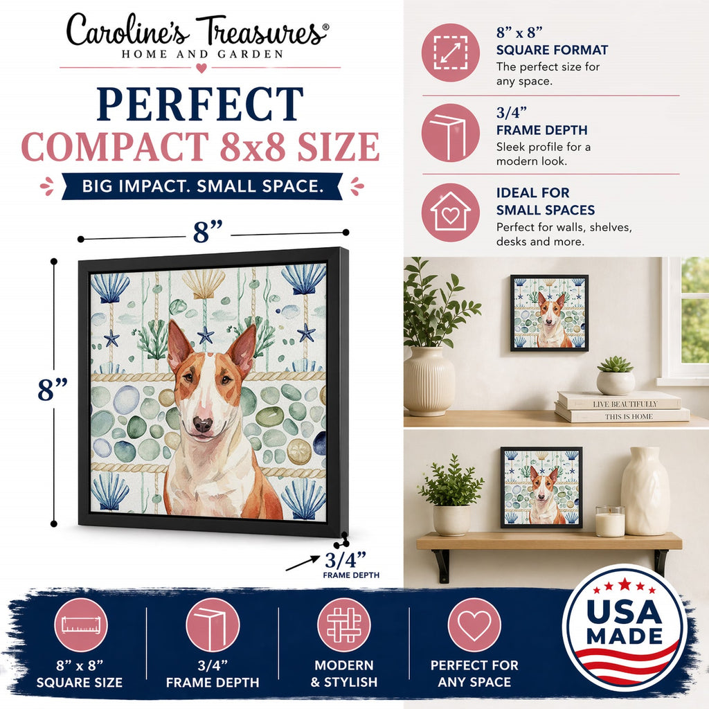 Red and White Bull Terrier Coastal Sea Glass Framed Metal Print Bathroom, Kitchen, Office, Home Decor Wall Art Ready to Hang, Square, 8X8