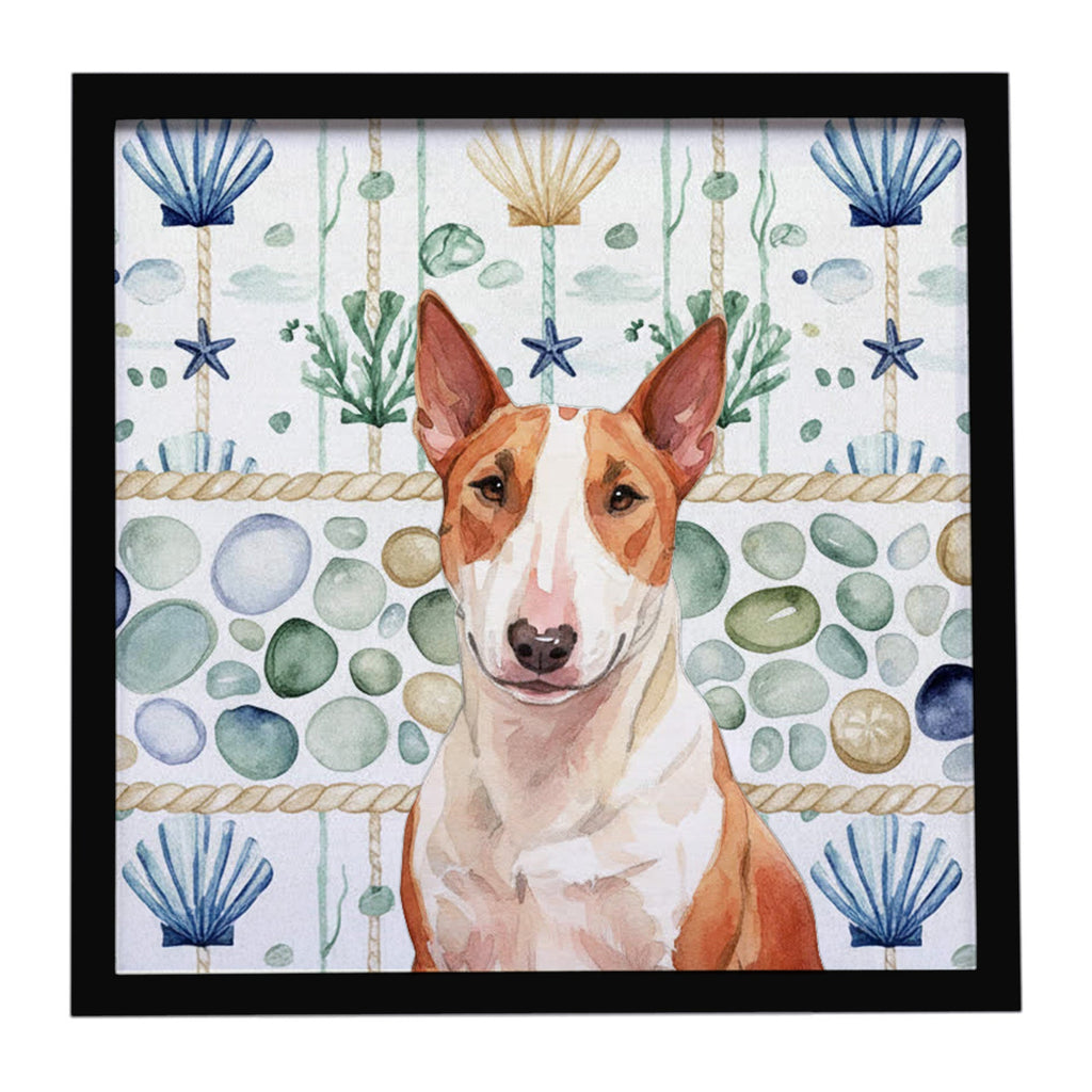 Red and White Bull Terrier Coastal Sea Glass Framed Metal Print Bathroom, Kitchen, Office, Home Decor Wall Art Ready to Hang, Square, 8X8