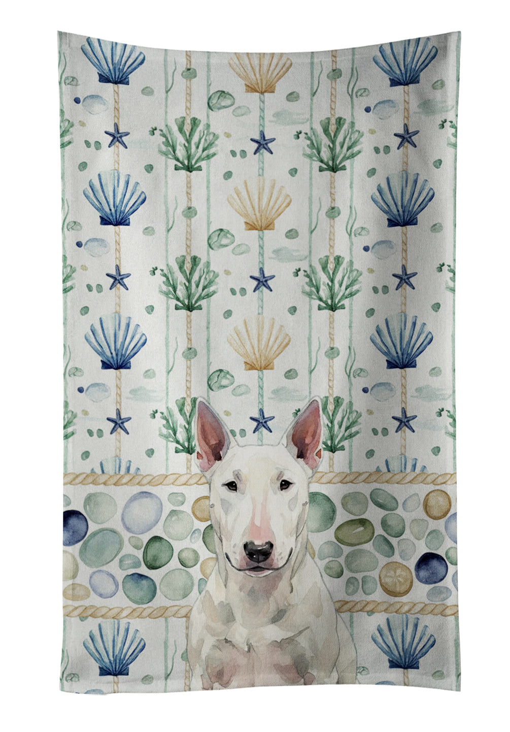 White Bull Terrier Coastal Sea Glass Kitchen Towel Velour Plush Front and Cotton Loop Back Machine Washable