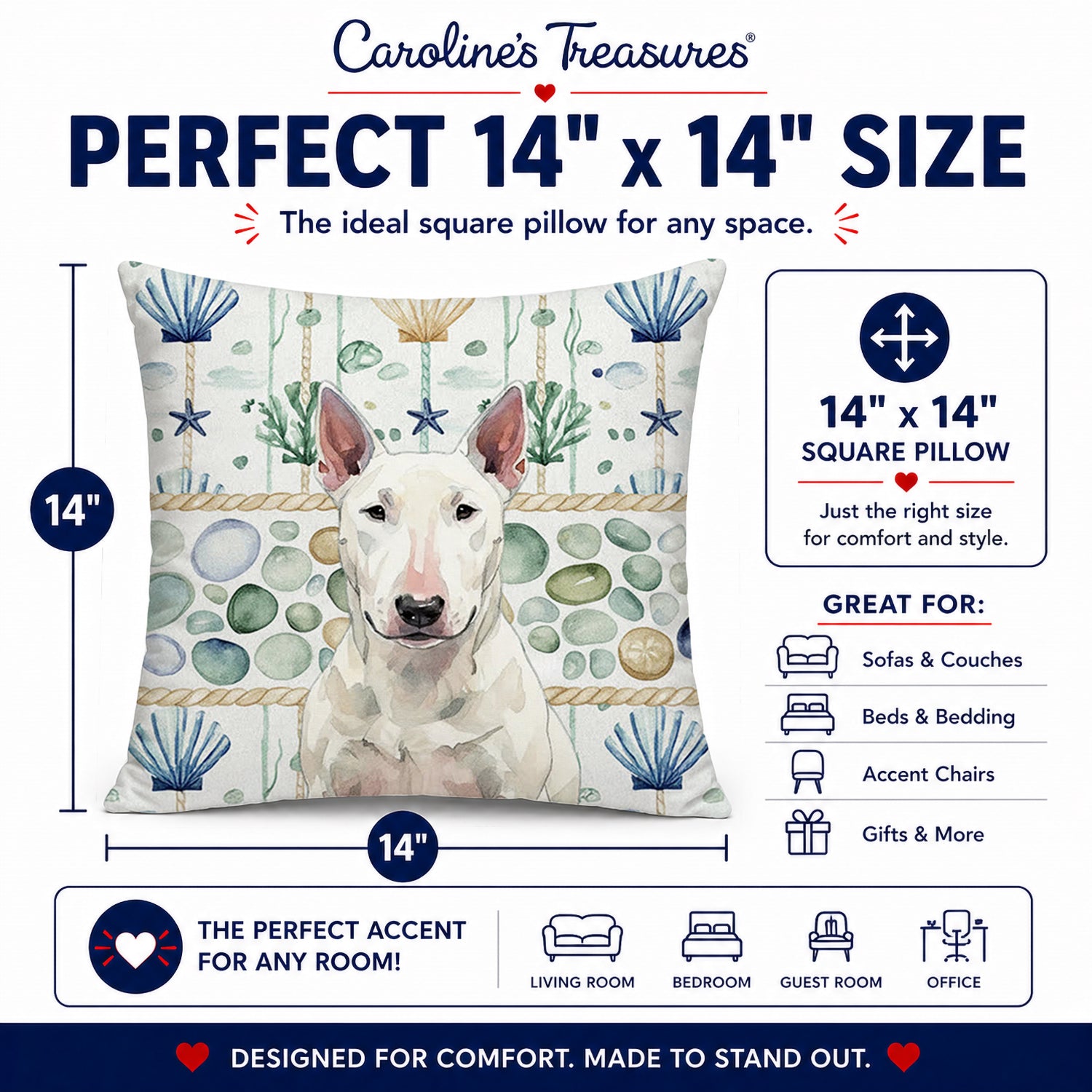 White Bull Terrier Coastal Sea Glass Decorative Throw Pillow 14x14 Indoor Outdoor Accent Cushion, Fabric Cover with Insert for Sofa, Bed, Porch & Living Room