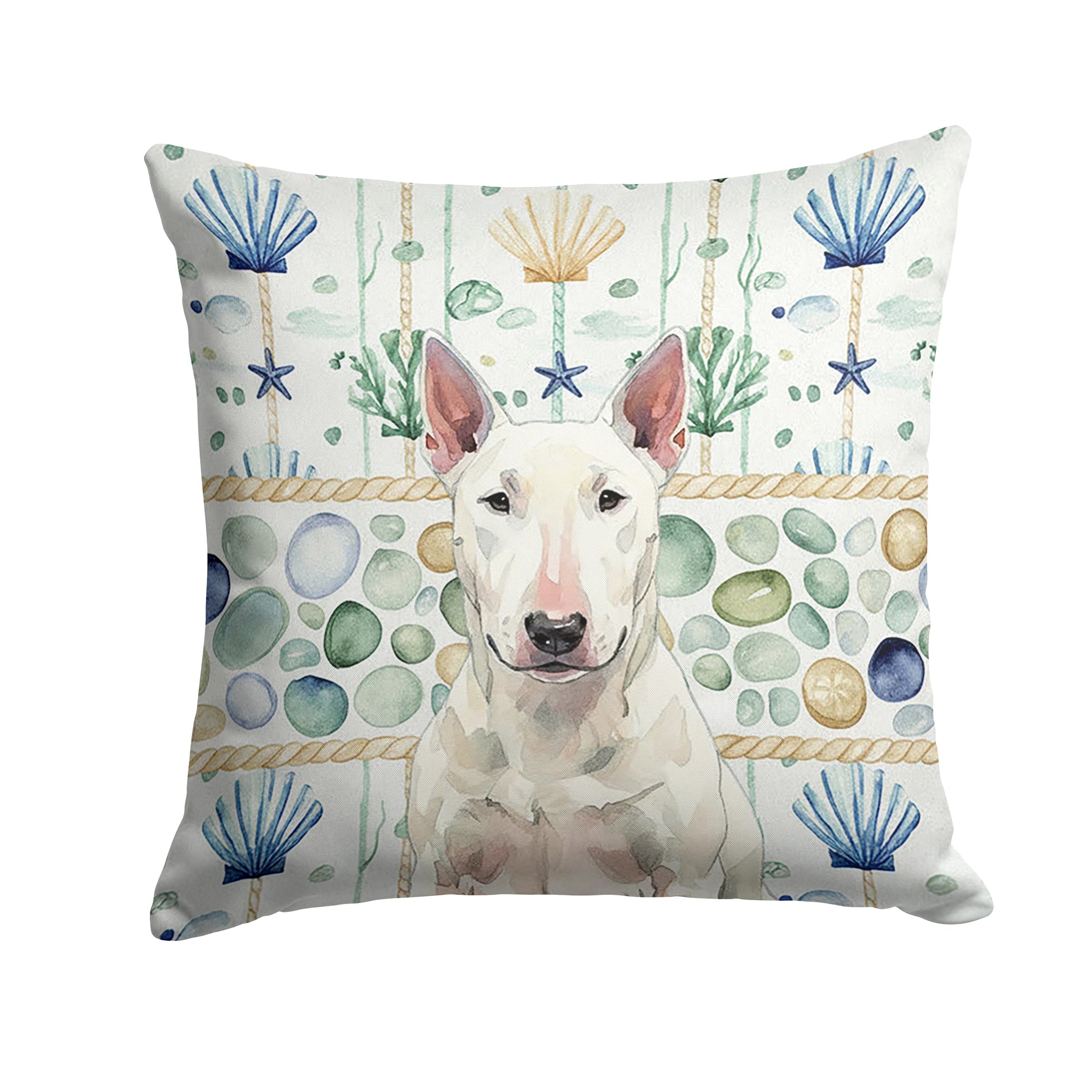 White Bull Terrier Coastal Sea Glass Decorative Throw Pillow 18x18 Indoor Outdoor Accent Cushion, Fabric Cover with Insert for Sofa, Bed, Porch & Living Room