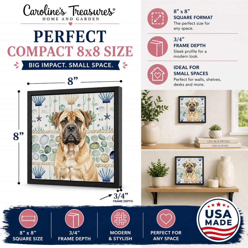 Bullmastiff Coastal Sea Glass Framed Metal Print Bathroom, Kitchen, Office, Home Decor Wall Art Ready to Hang, Square, 8X8