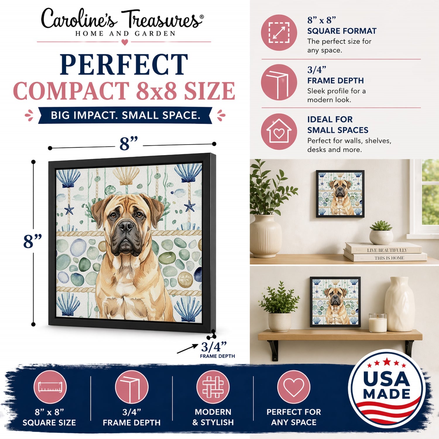 Bullmastiff Coastal Sea Glass Framed Metal Print Bathroom, Kitchen, Office, Home Decor Wall Art Ready to Hang, Square, 8X8