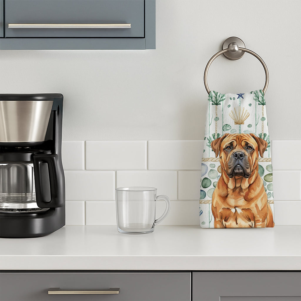 Red Bullmastiff Coastal Sea Glass Kitchen Towel Velour Plush Front and Cotton Loop Back Machine Washable
