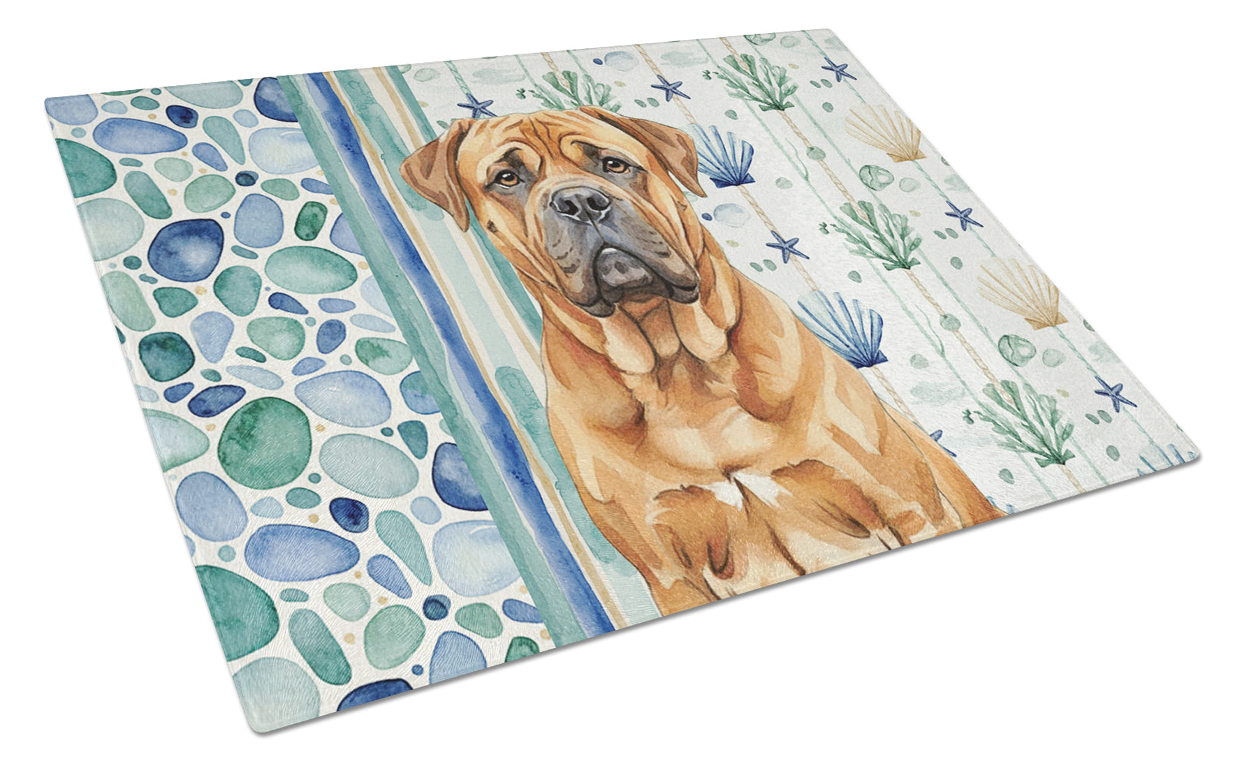 Red Bullmastiff Coastal Sea Glass Cutting Board Tempered Glass Kitchen Cutting Surface, Heat Resistant Chopping, Non-Slip Feet, Food Prep & Serving