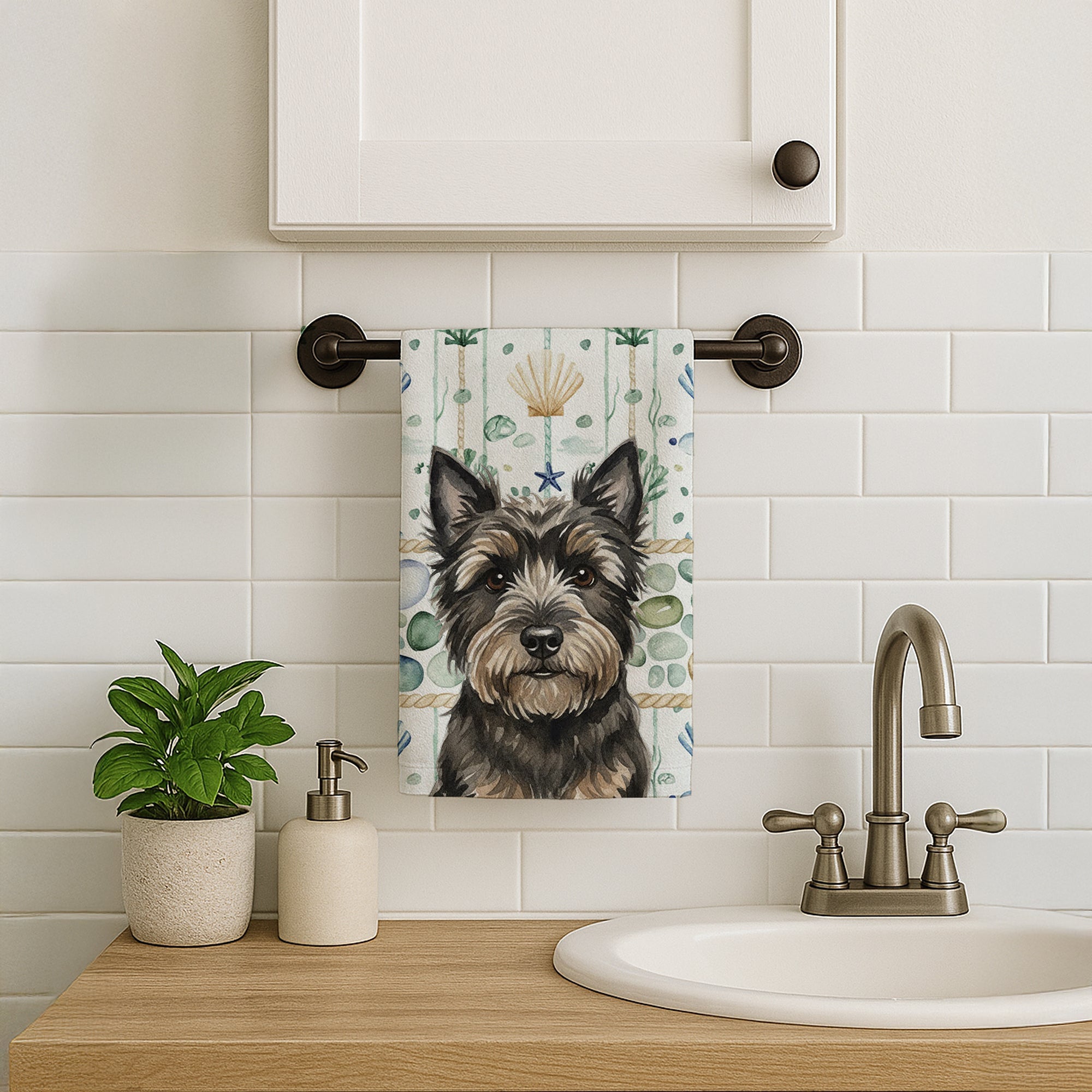 Black Cairn Terrier Coastal Sea Glass Kitchen Towel Velour Plush Front and Cotton Loop Back Machine Washable