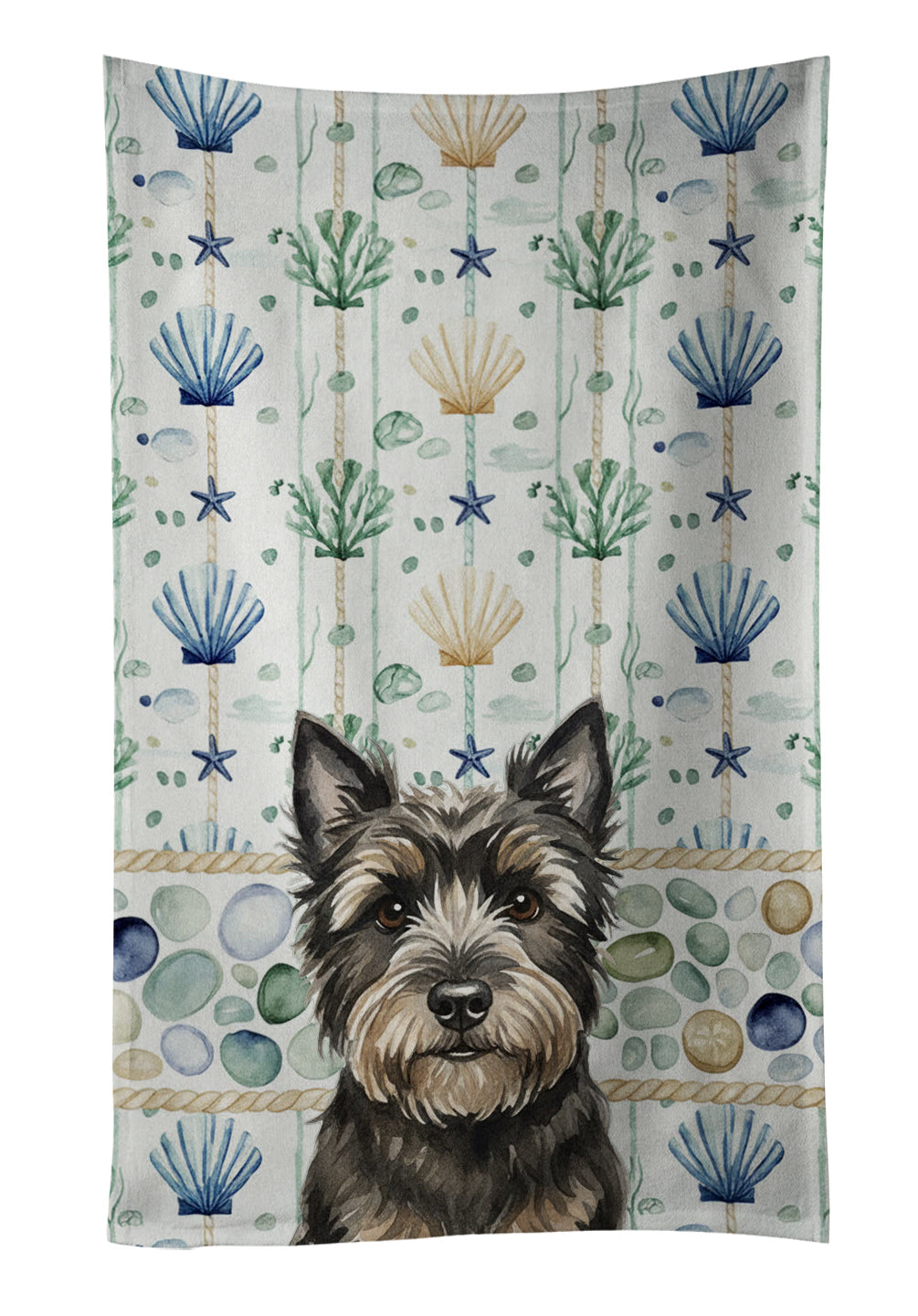 Black Cairn Terrier Coastal Sea Glass Kitchen Towel Velour Plush Front and Cotton Loop Back Machine Washable