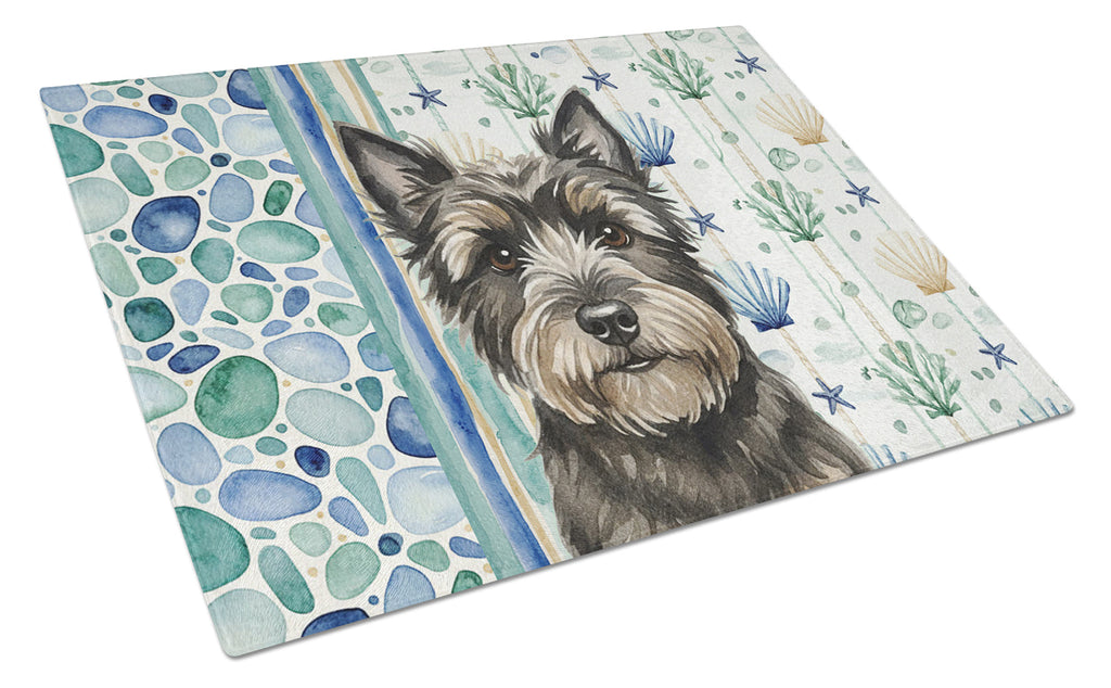 Black Cairn Terrier Coastal Sea Glass Cutting Board Tempered Glass Kitchen Cutting Surface, Heat Resistant Chopping, Non-Slip Feet, Food Prep & Serving