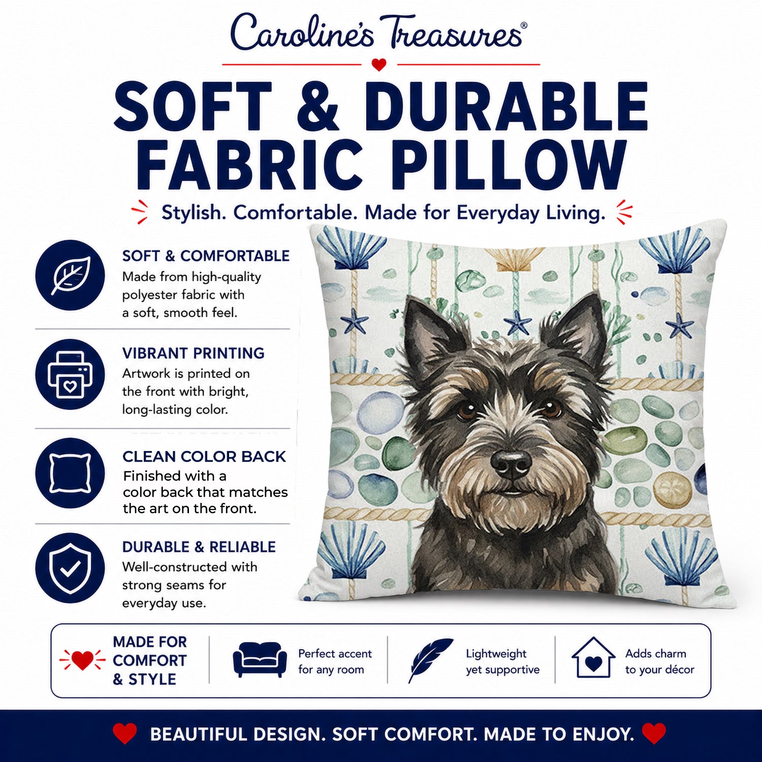 Black Cairn Terrier Coastal Sea Glass Decorative Throw Pillow 18x18 Indoor Outdoor Accent Cushion, Fabric Cover with Insert for Sofa, Bed, Porch & Living Room
