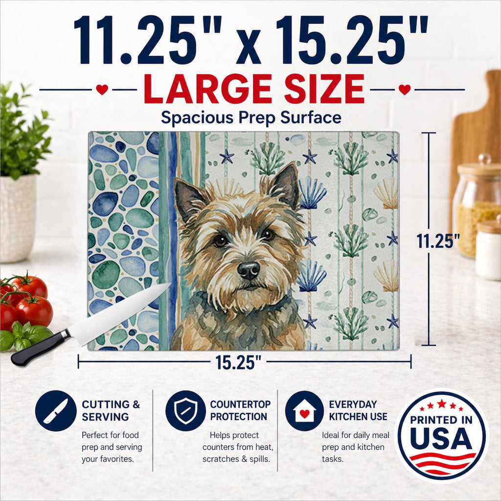 Cairn Terrier Coastal Sea Glass Cutting Board Tempered Glass Kitchen Cutting Surface, Heat Resistant Chopping, Non-Slip Feet, Food Prep & Serving