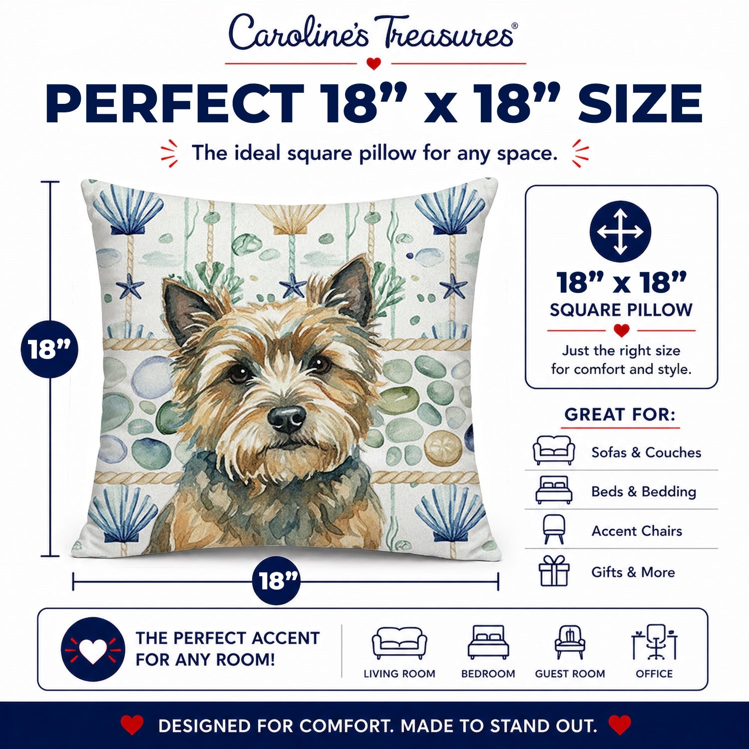 Cairn Terrier Coastal Sea Glass Decorative Throw Pillow 18x18 Indoor Outdoor Accent Cushion, Fabric Cover with Insert for Sofa, Bed, Porch & Living Room