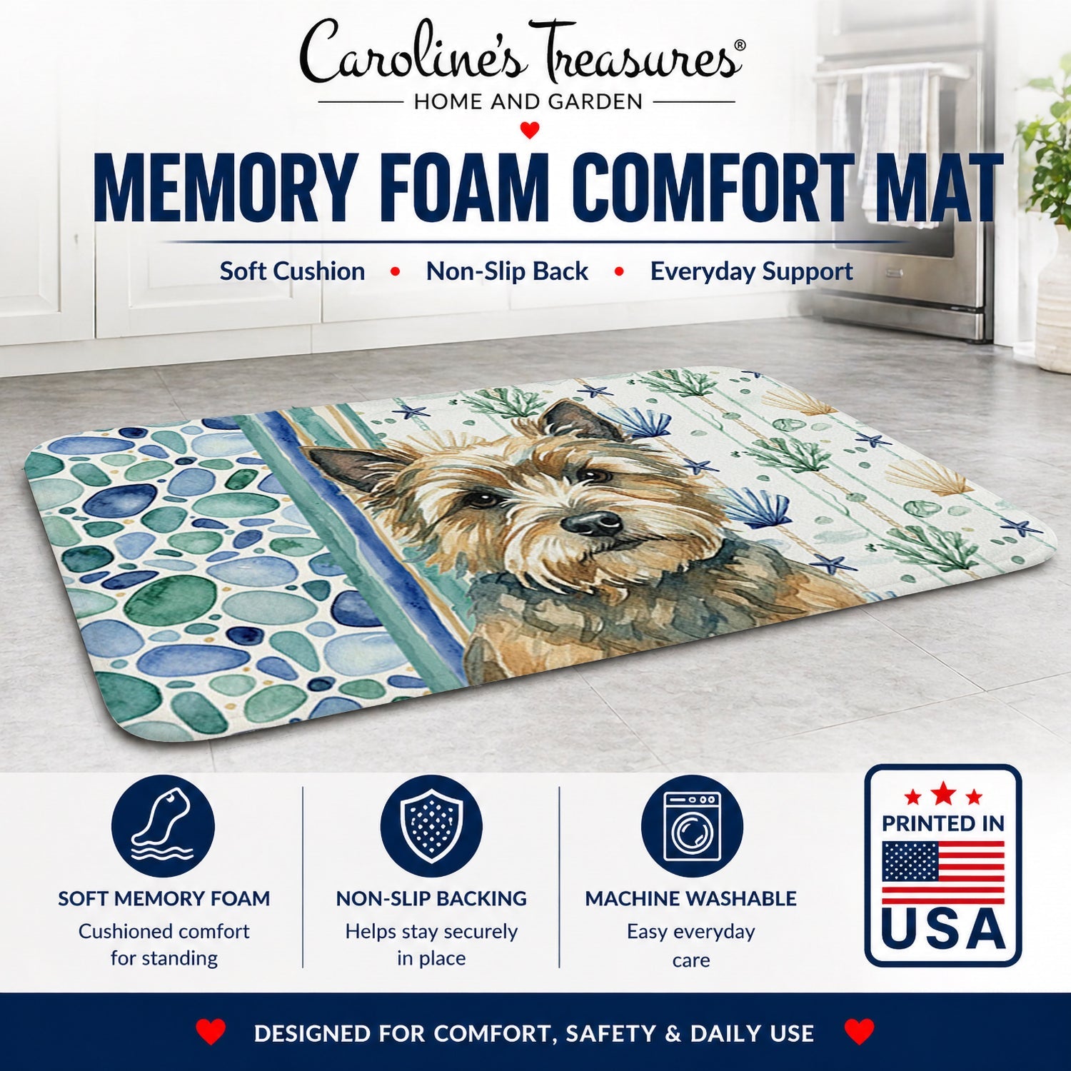 Cairn Terrier Coastal Sea Glass Memory Foam Kitchen Mat Machine Washable Anti-Fatigue Cushion Comfort Bath or Kitchen Rug