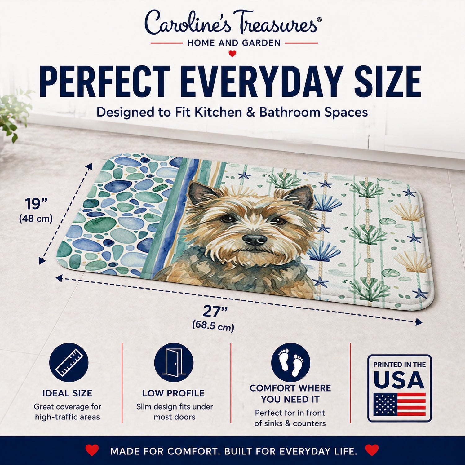 Cairn Terrier Coastal Sea Glass Memory Foam Kitchen Mat Machine Washable Anti-Fatigue Cushion Comfort Bath or Kitchen Rug