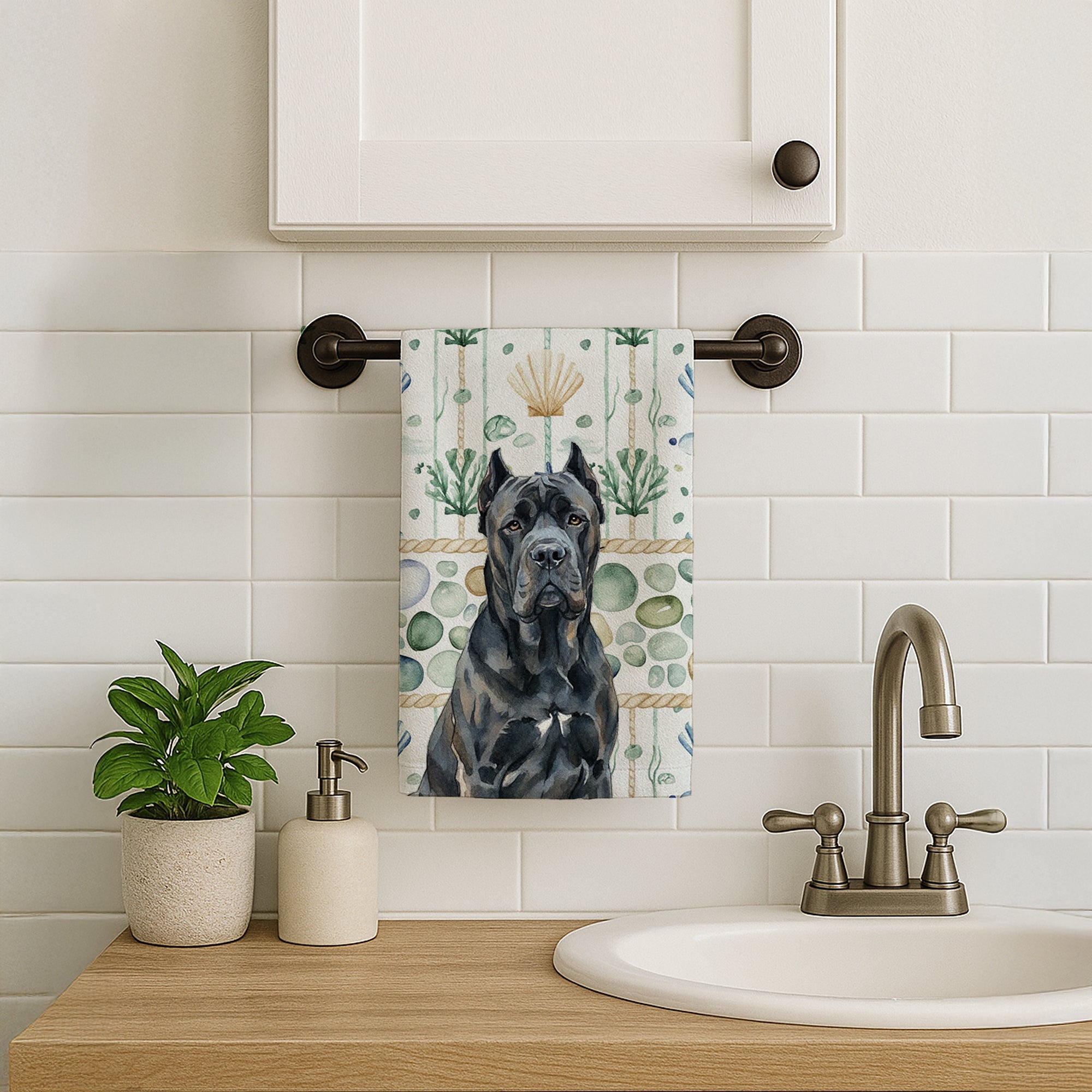 Cane Corso Coastal Sea Glass Kitchen Towel Velour Plush Front and Cotton Loop Back Machine Washable