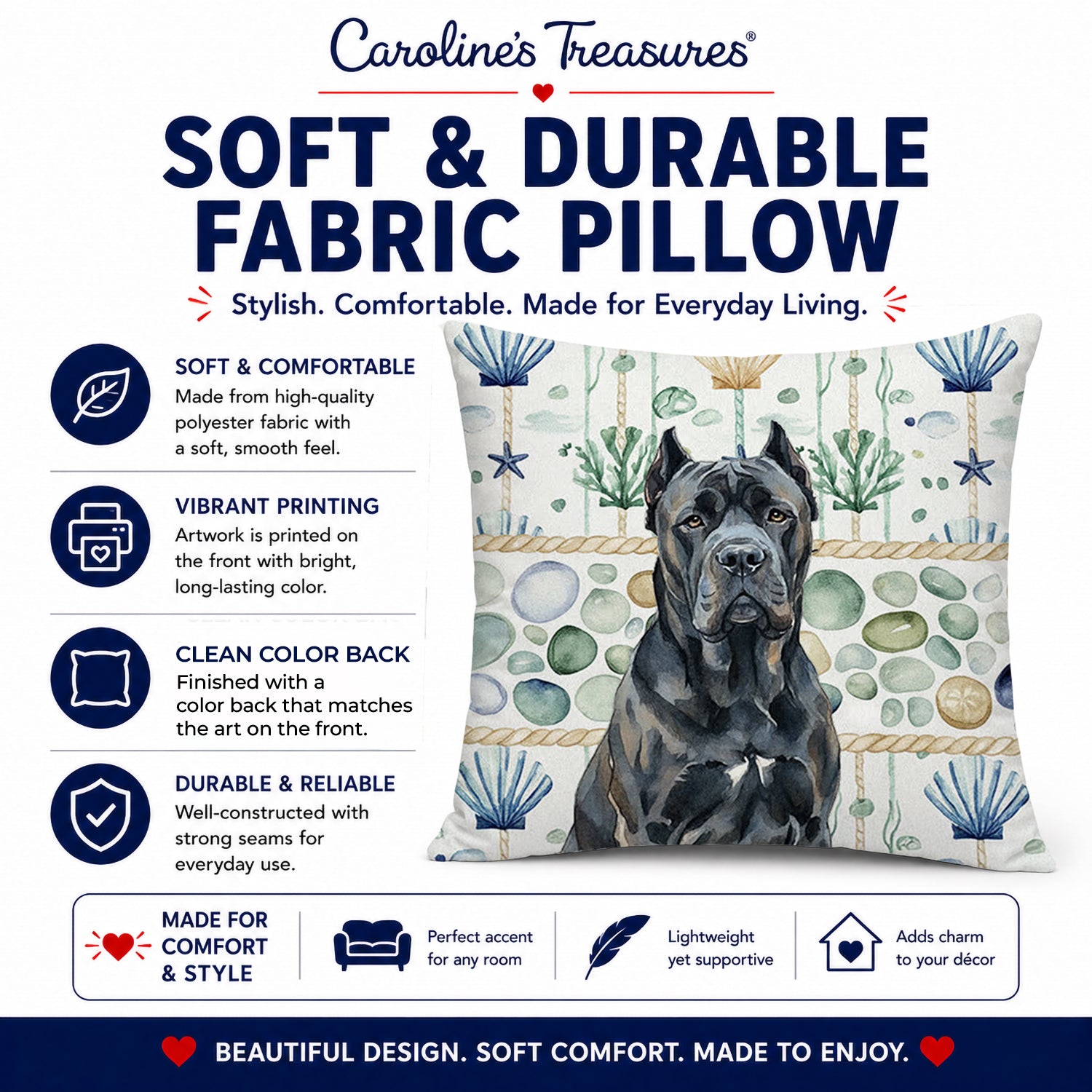 Cane Corso Coastal Sea Glass Decorative Throw Pillow 18x18 Indoor Outdoor Accent Cushion, Fabric Cover with Insert for Sofa, Bed, Porch & Living Room