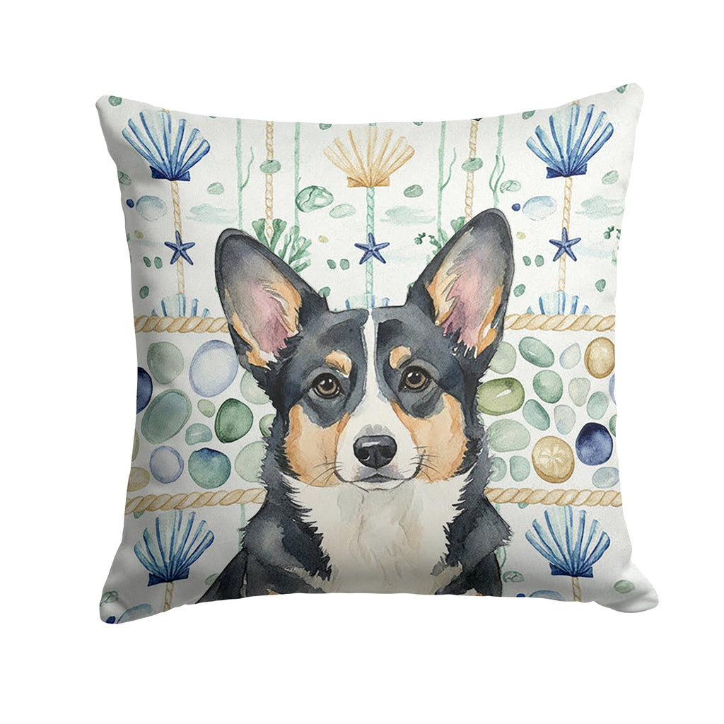 Black and White Cardigan Welsh Corgi Coastal Sea Glass Decorative Throw Pillow 14x14 Indoor Outdoor Accent Cushion, Fabric Cover with Insert for Sofa, Bed, Porch & Living Room