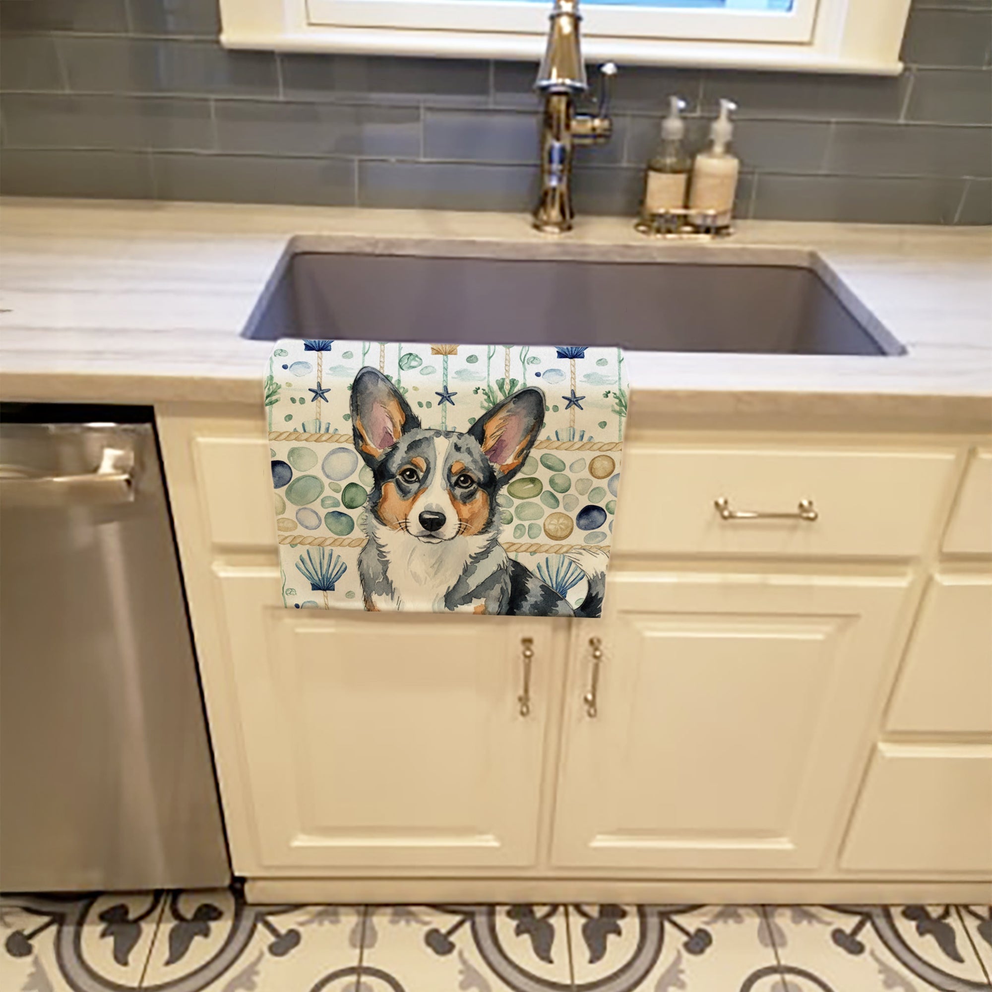Blue Merle Cardigan Welsh Corgi Coastal Sea Glass Kitchen Towel Velour Plush Front and Cotton Loop Back Machine Washable