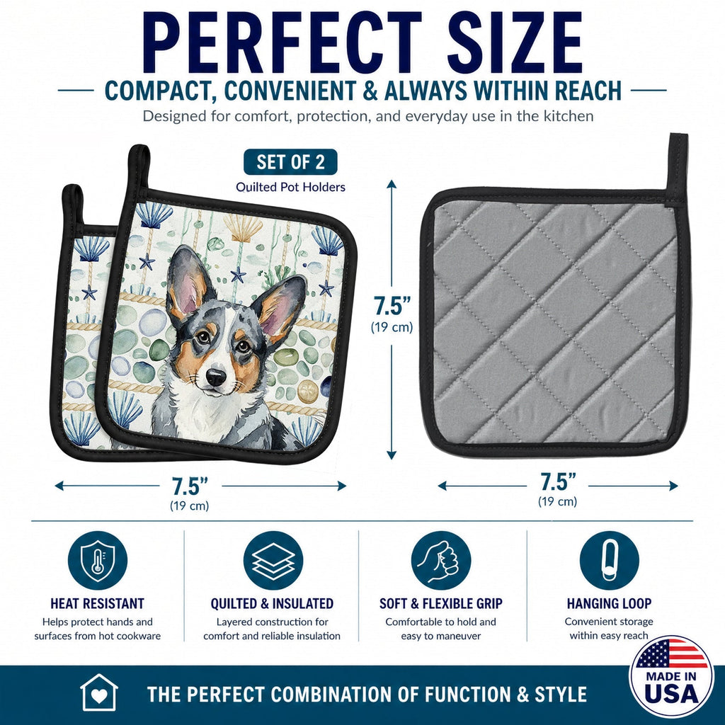 Blue Merle Cardigan Welsh Corgi Coastal Sea Glass Pot Holder Set of 2 Heat Resistant Quilted Hot Pads 7.5 x 7.5 Inch, Insulated Kitchen Trivets for Cooking & Baking
