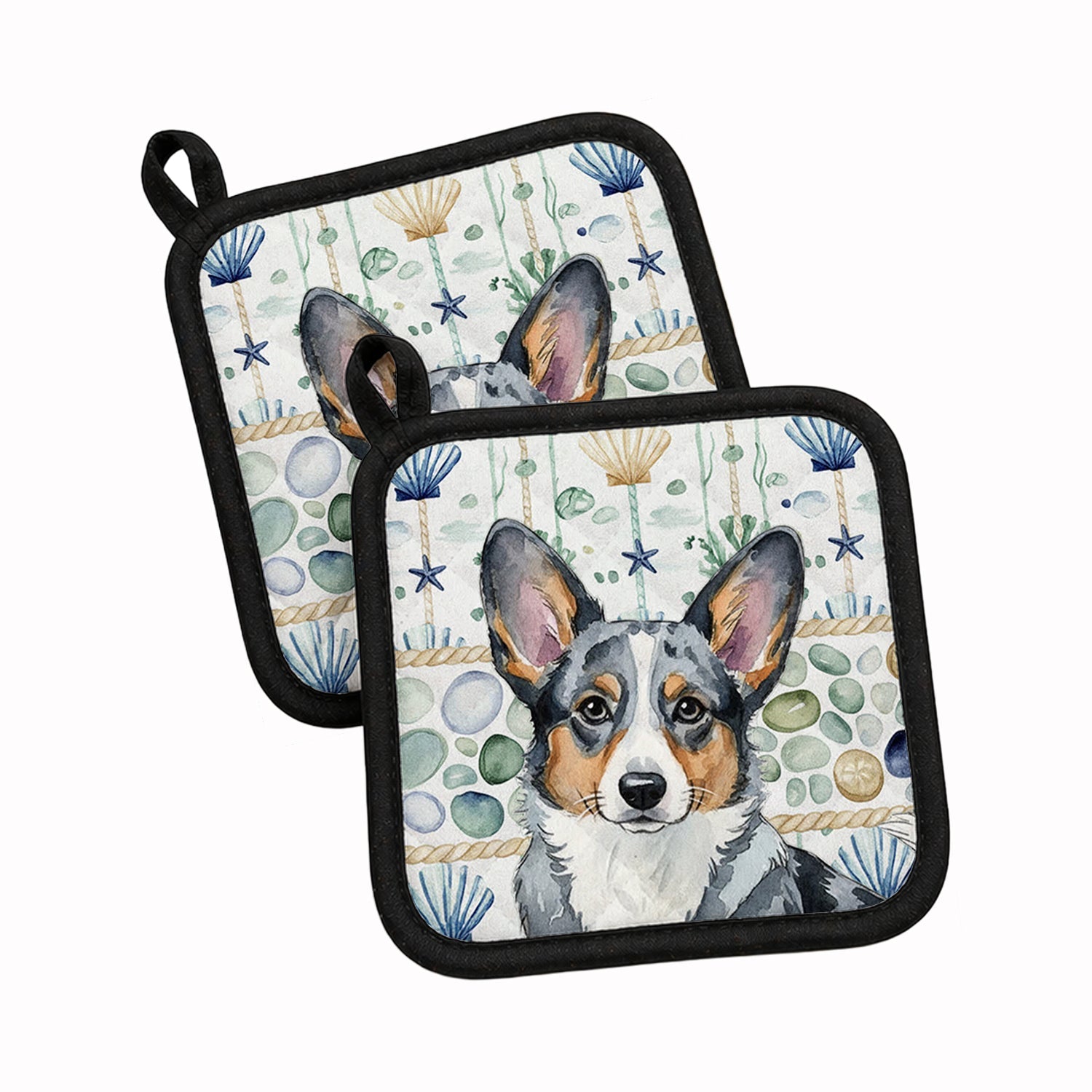 Blue Merle Cardigan Welsh Corgi Coastal Sea Glass Pot Holder Set of 2 Heat Resistant Quilted Hot Pads 7.5 x 7.5 Inch, Insulated Kitchen Trivets for Cooking & Baking